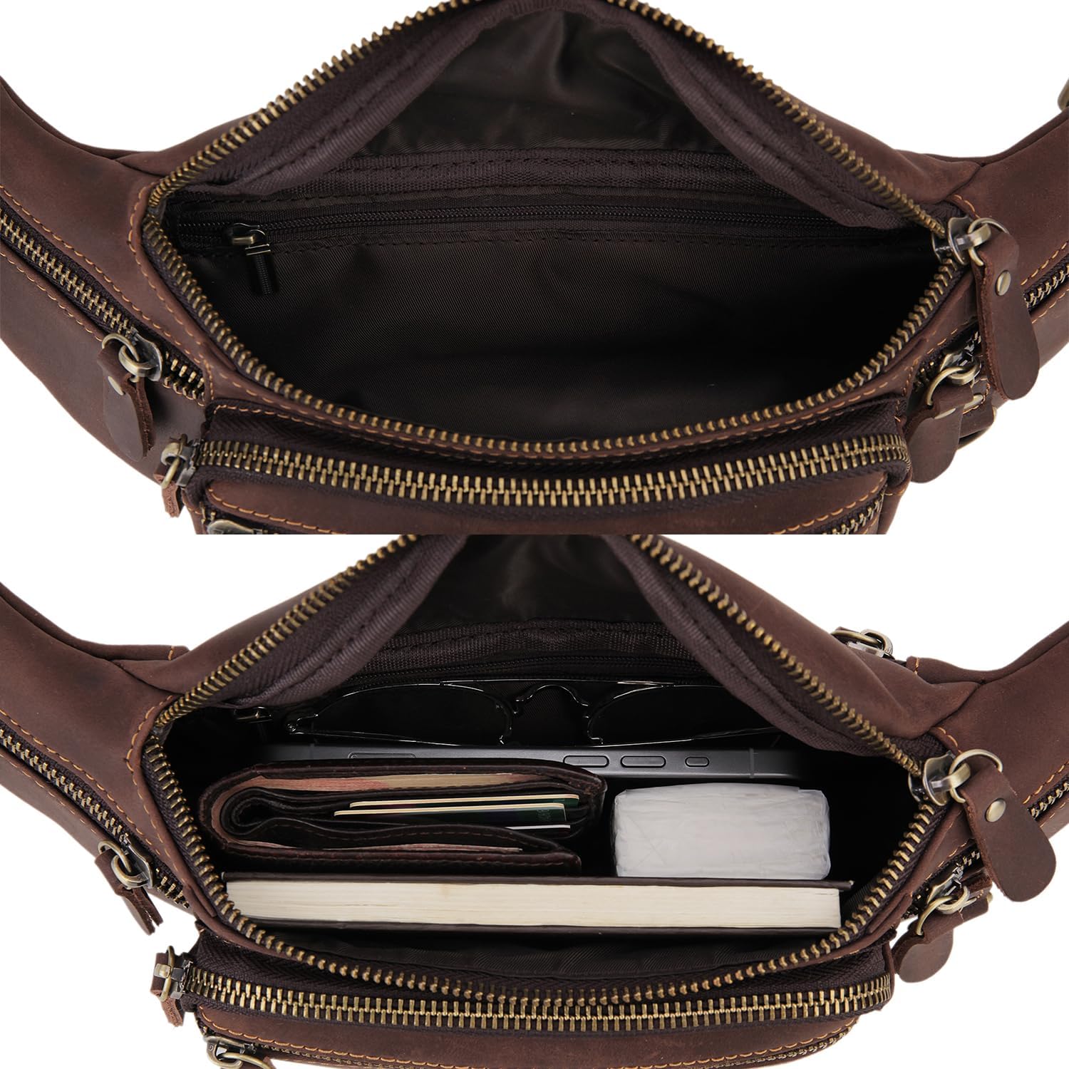 Fanny Pack Genuine Leather Waist Bag for Men Women Loyofun Vintage Hip Bum Bag with 6 Zippered Pockets for Outdoor Traveling Hiking Running (Dark Brown) - Image 5
