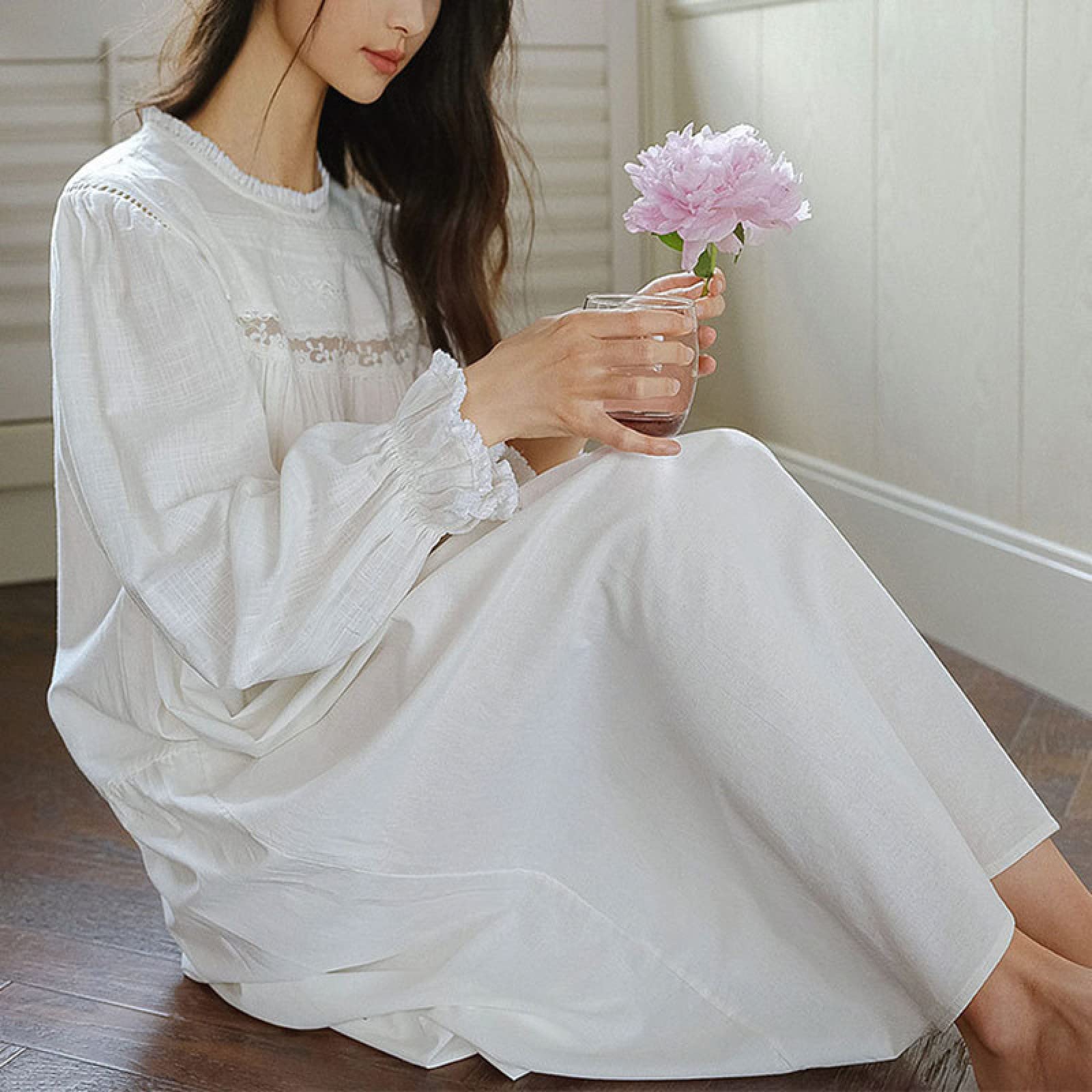 OFFSUM Camicia da Notte Donna - Dolce Ricamo Tinta Unita Camicia da Notte Primavera Estate Vintage Principessa Camicia da Notte Elegante Cotone Pigiameria Loungewear