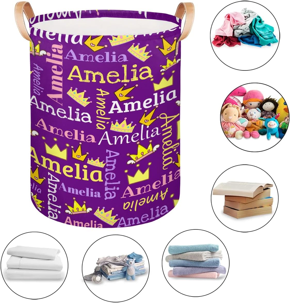 Personalized Laundry Basket, Custom Gift Laundry Hamper, Collapsible Nursery Waterproof Laundry Baskets, Dirty Clothes Toy Hamper with Handles Cute Crown Purple