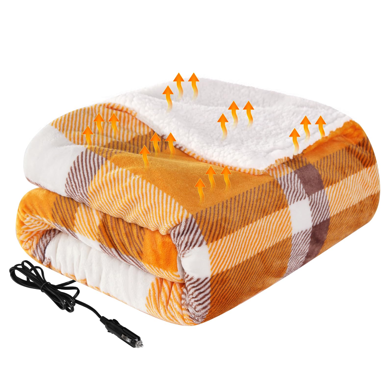 westinghouse heated car blanket with 3 heating levels, 4 hours auto off, 12 volt electric blanket for car, truck, suv, rv, machine washable, 59" x 43" (orange buffalo plaid)