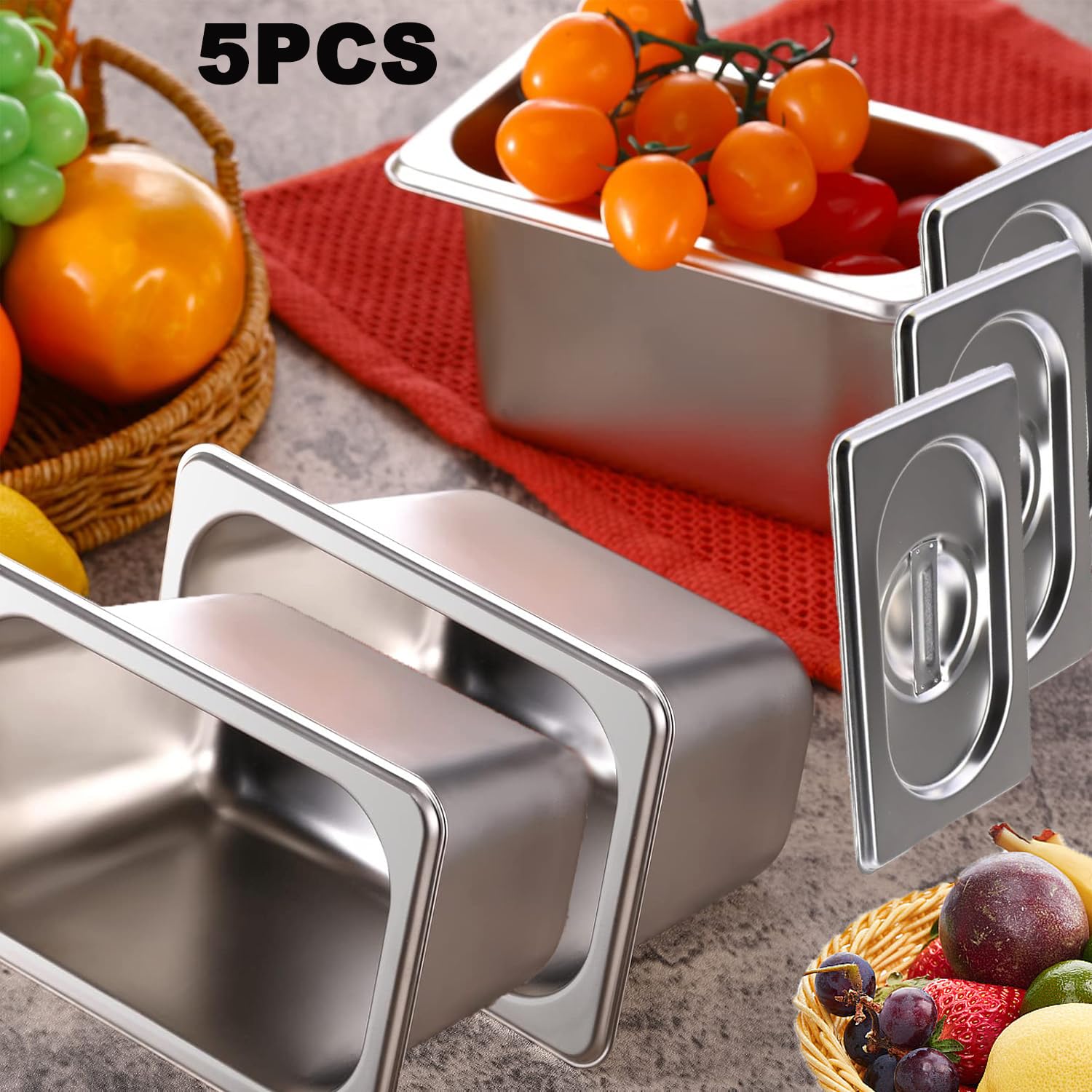 5 contenitori in acciaio inox 1/9 con coperchio, 100 mm di altezza, contenitore per alimenti in acciaio inox, resistente al calore, 17,5 x 11 x 10 cm