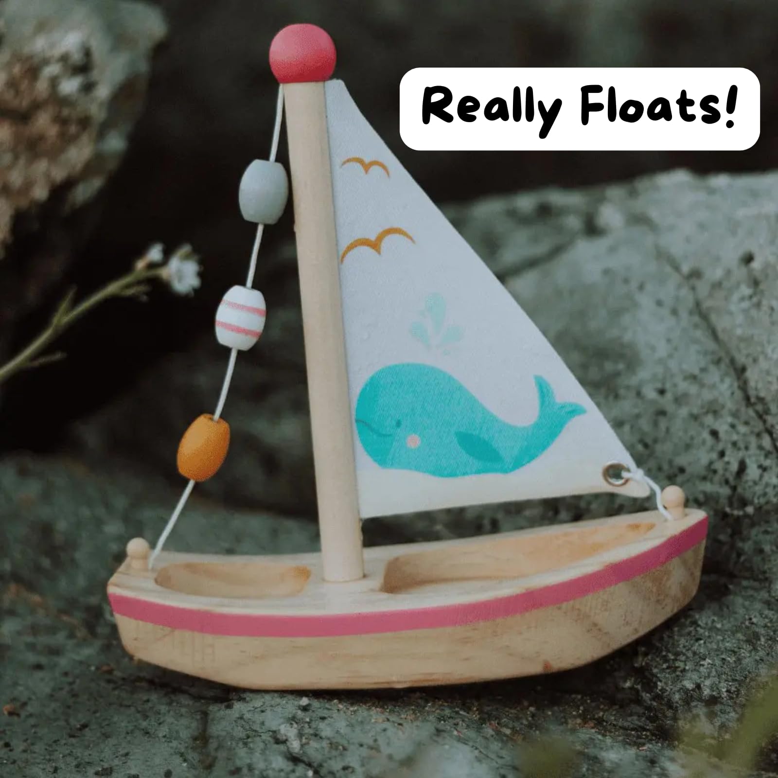 Talking Turtle Wooden Bath & Beach Toy Boat - Floating Whale-Themed Sailboat with Real Fabric Sail, Blue, Brown - Image 2