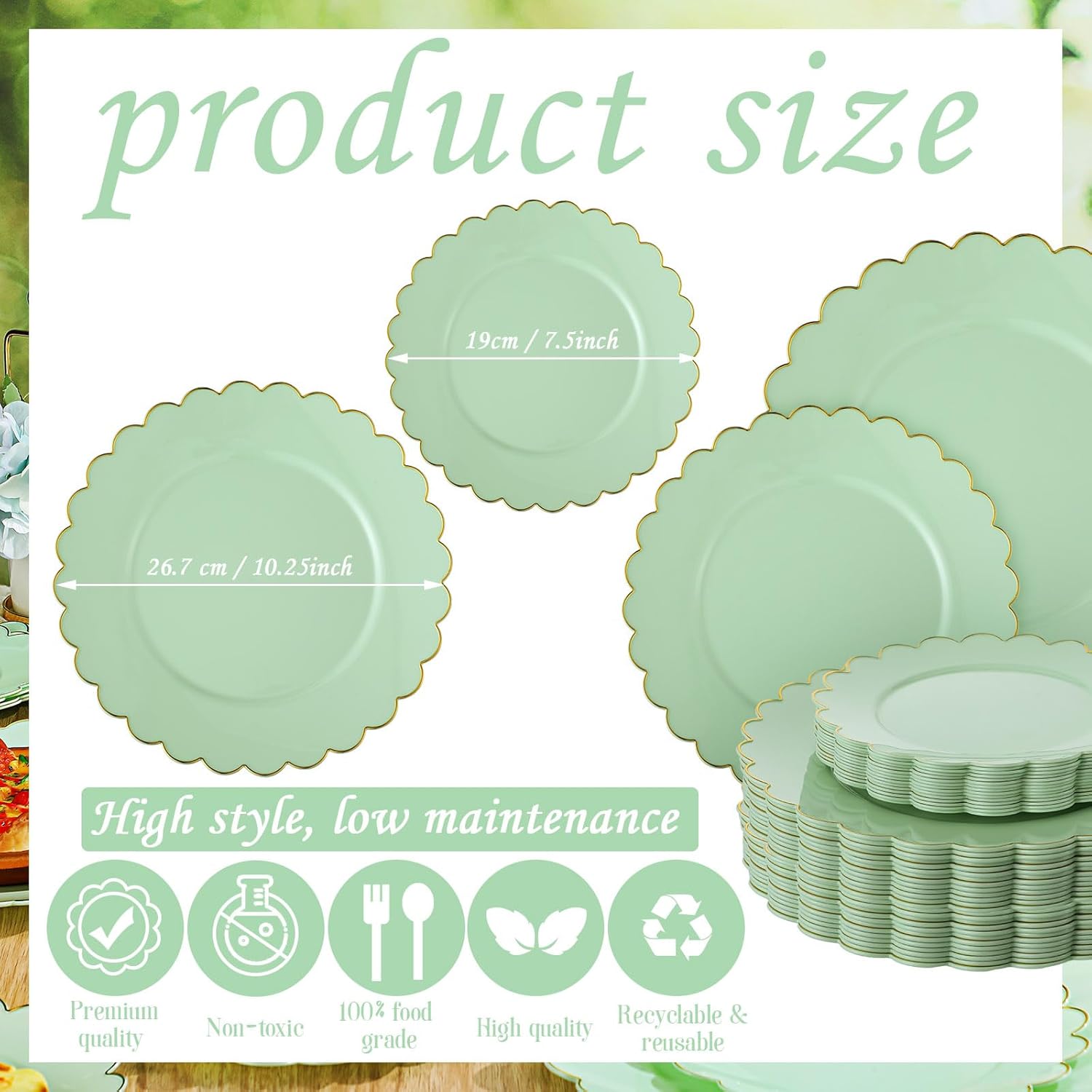 Dandat Sage Green 60 Pcs Plastic Plates Serve 30 Scalloped Disposable Plastic Dinner Dessert Plates Bulk for Spring Wedding Bridal Shower Party Decoration (10.25'',7.5'')