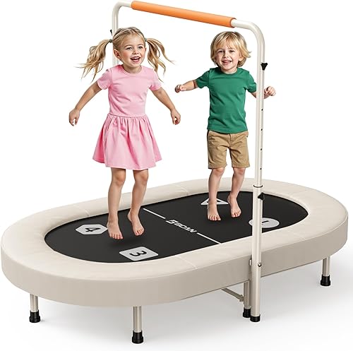 BCAN 56IN 2-Person Kids Trampoline, Safe-Elastic Band Foldable Frame Trampoline for Kids 1-8, ASTM Certified-Toddler Tampoline with Adjustable Stable Handlebar&Thickened Cover,Max Load 220lbs