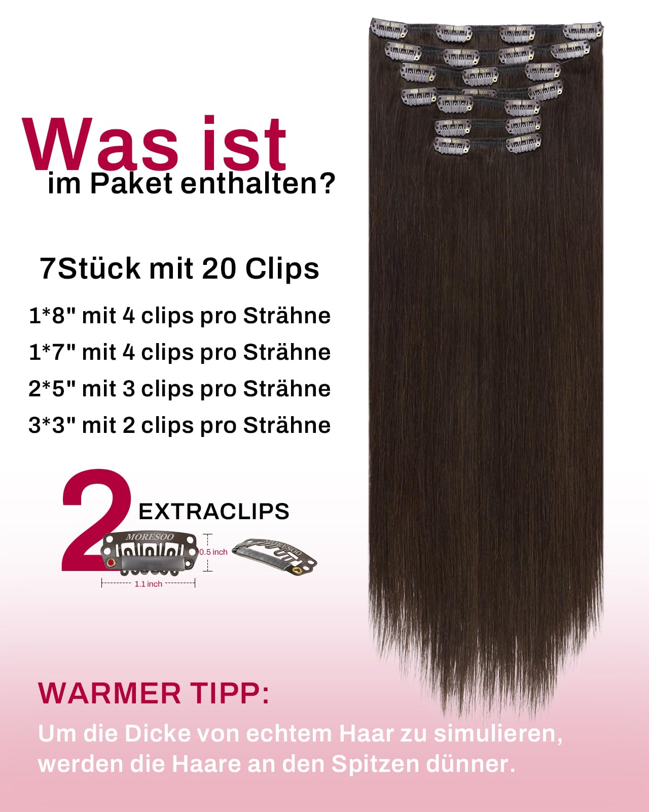 Moresoo Clip in Extensions Echthaar 40 cm 135 g Nahtlos Seidig Dick 7 Stück | Remy Echthaar,Dunkelbraune Farbe,Seidig Glatte Struktur,Natürlicher Übergang,Mehr Volumen Für Das Haar