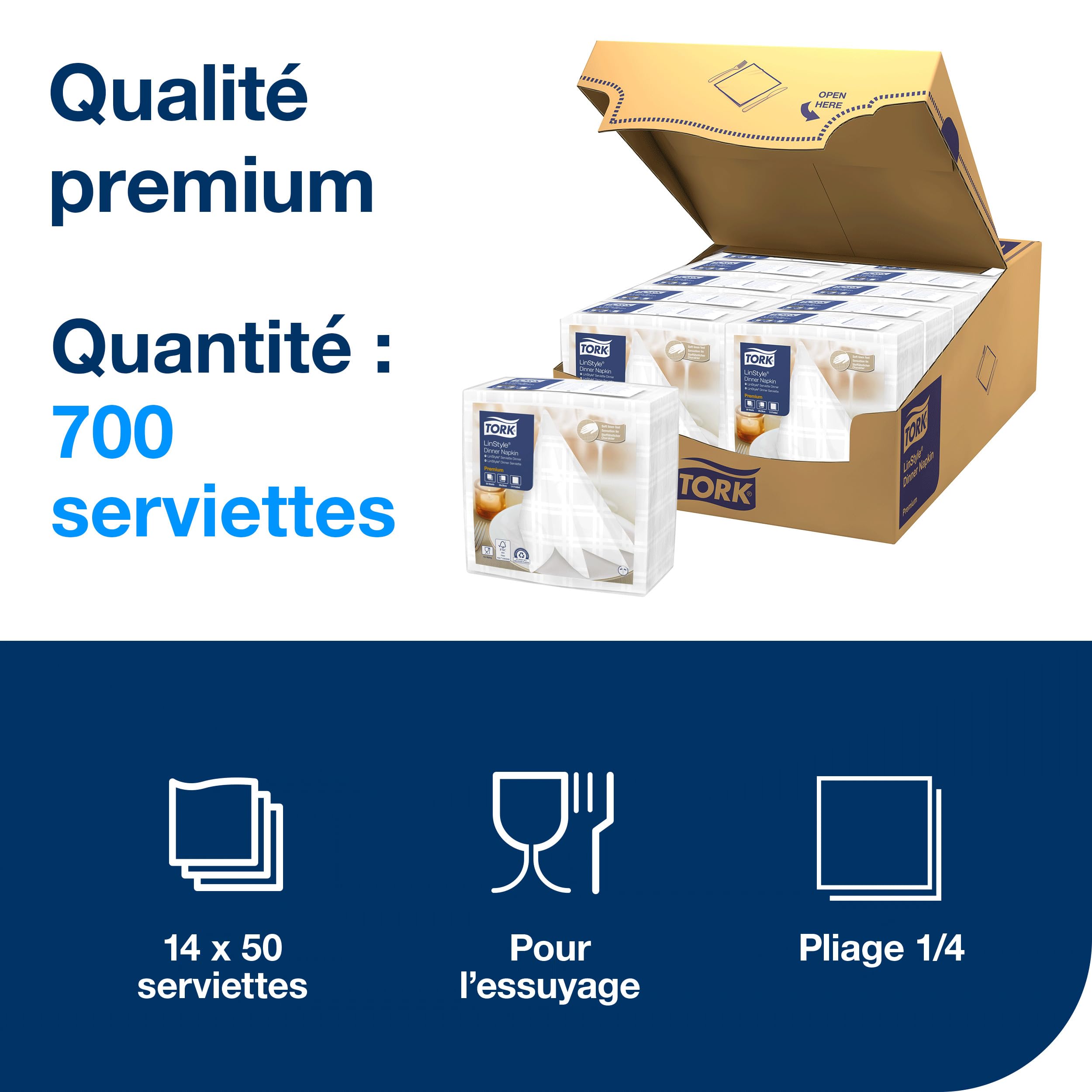 Tork LinStyle Serviette Dinner blanche, Pliage 1/4, 19,5 x 19,5 cm, 14 x 50 serviettes, 509410