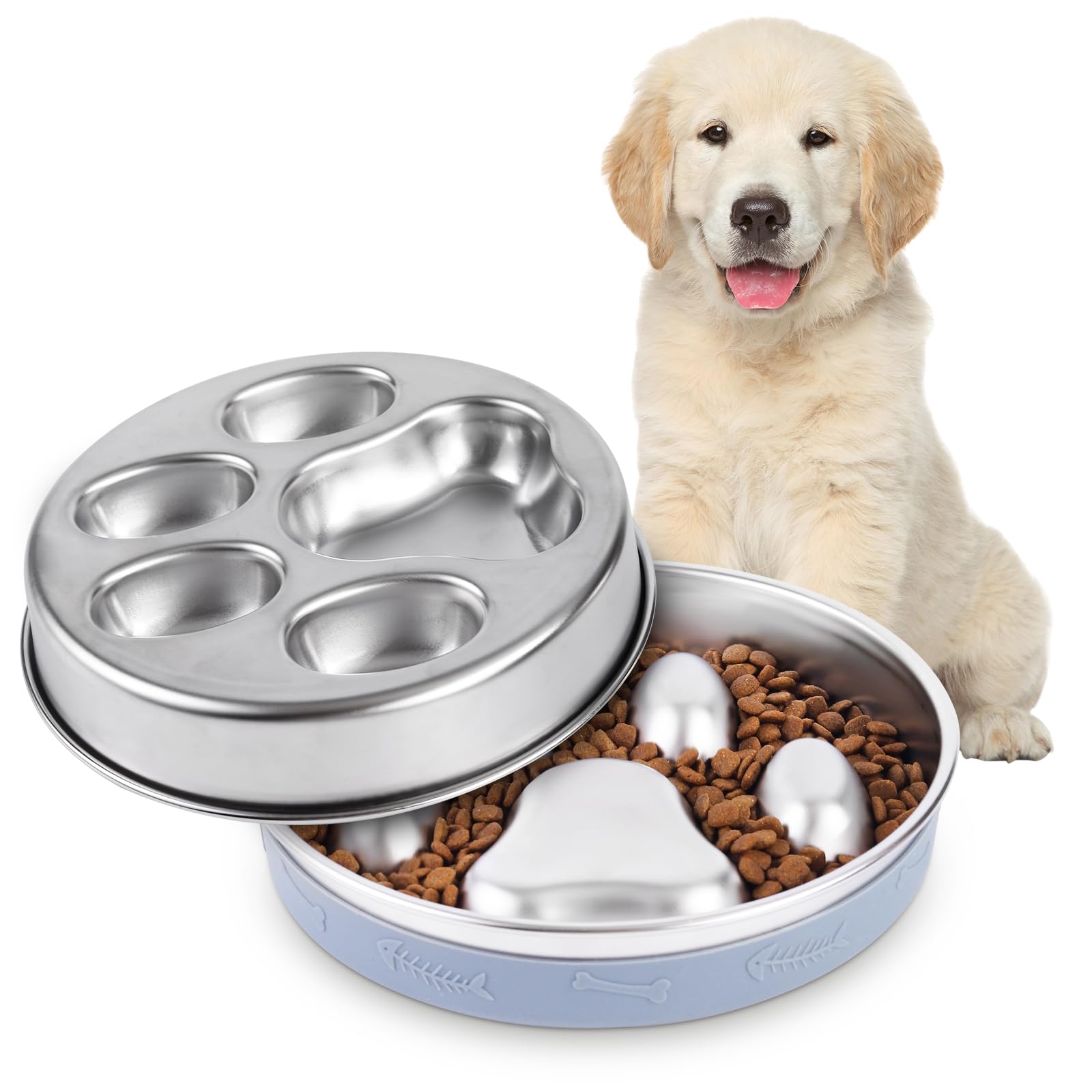 Slow Feeder Dog Bowl - 2-in-1 Stainless Steel Pet Bowl (8.27"x1.57", 33.8oz) with Non-Slip Base - Reversible Paw Design for Small/Medium/Large Dogs - Helps Slow Fast Eating for Dry & Wet Food