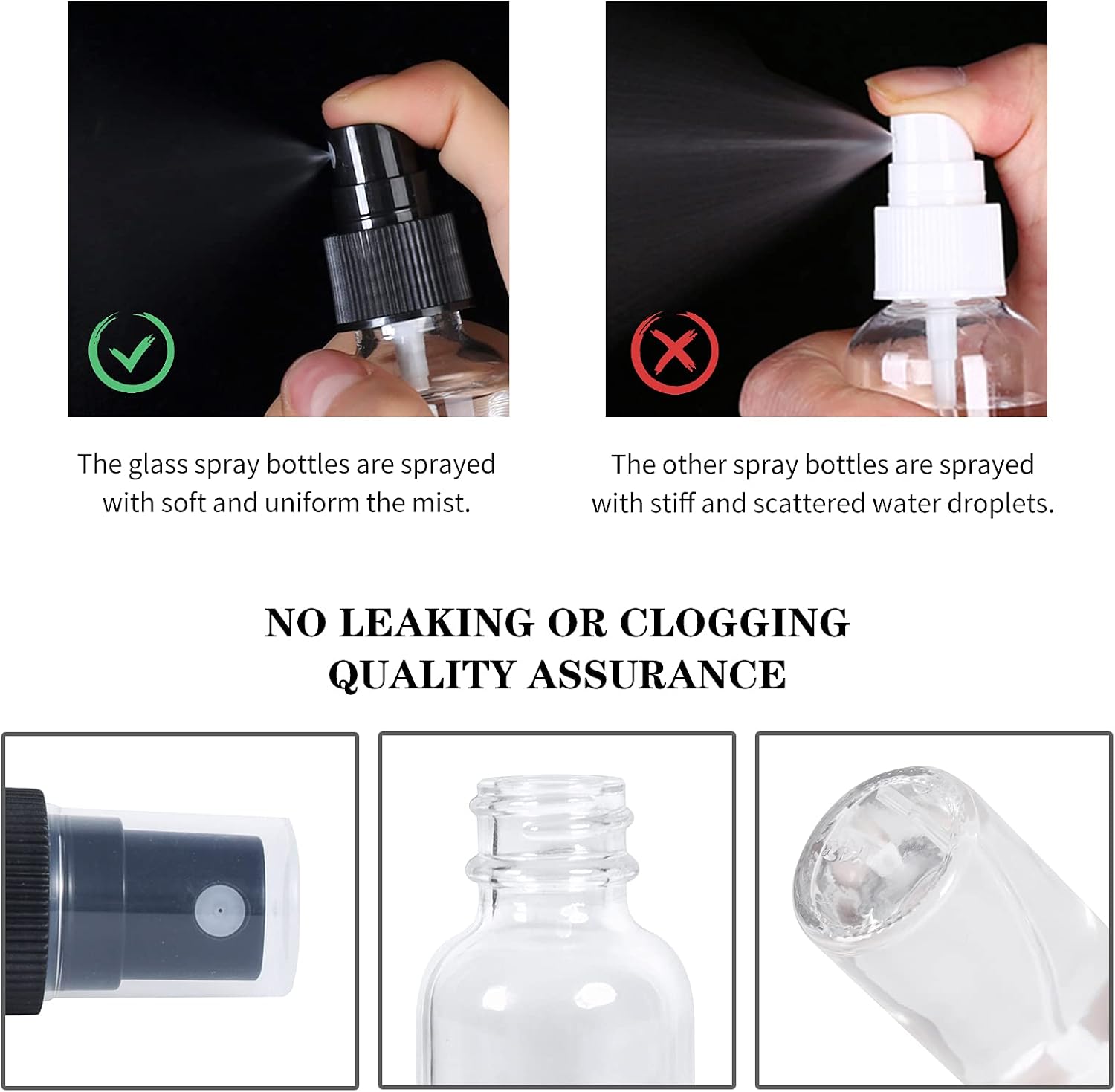 2oz Glass Spray Bottle, Fine Mist Boston Glass Bottles with Black Fine Mist Sprayer Small Clear Bottles for Essential Oils, Bath, Beauty, Hair & Cleaning, Clear, Pack of 48