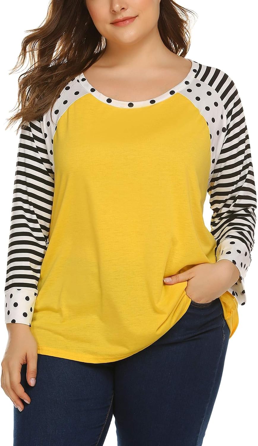 IN'VOLAND Women's Plus Size Raglan Top Striped Baseball T-Shirt 3/4 Sleeve Casual Scoop Neck Tee Tunic