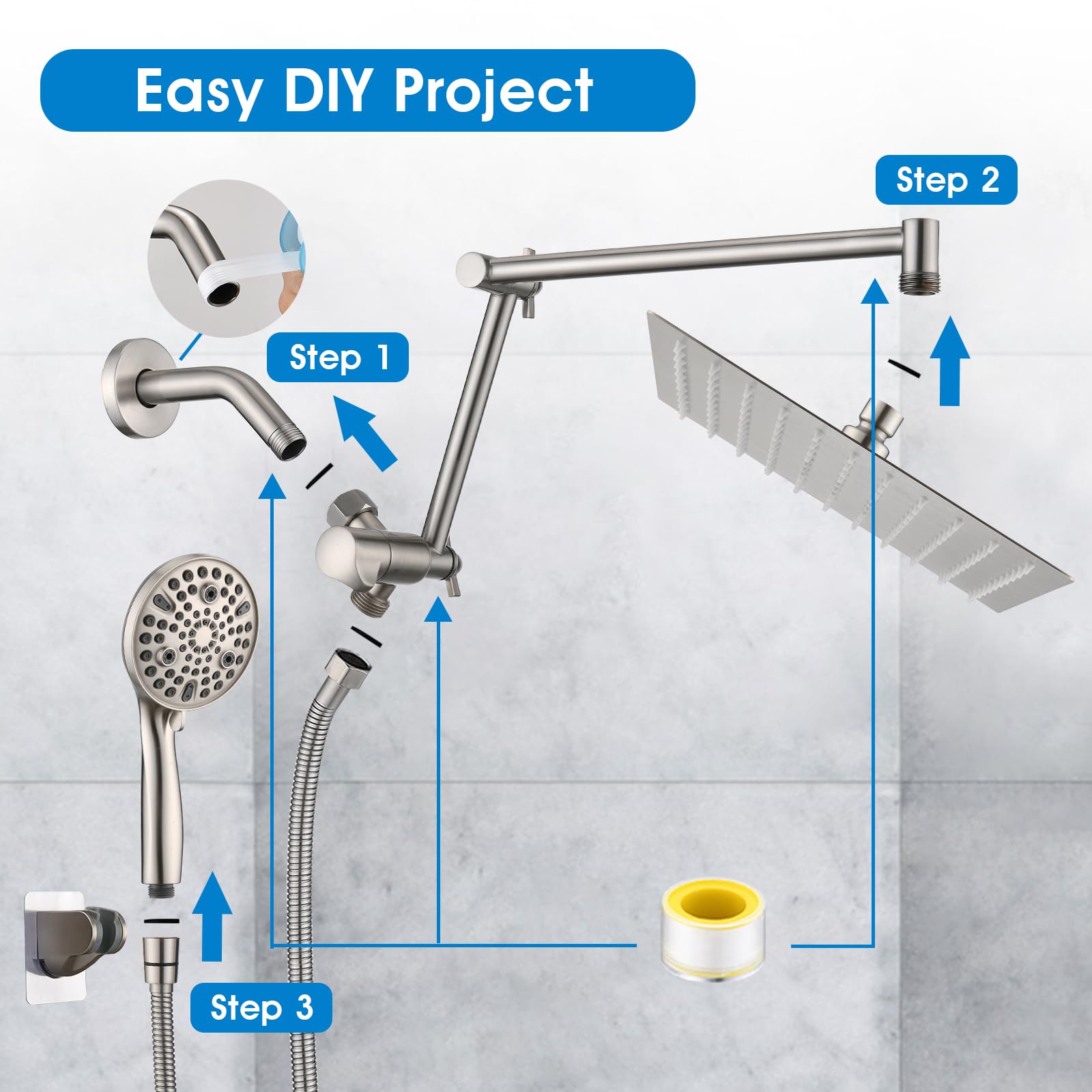 PDP Bath 12" Rainfall Shower Head with Handheld Spray, Dual Rain Showerhead with High Pressure 10-Setting Wand Combo, 16" Adjustable Extension Arm Build-in 3-way Diverter, 6ft Hose -Brushed Nickel