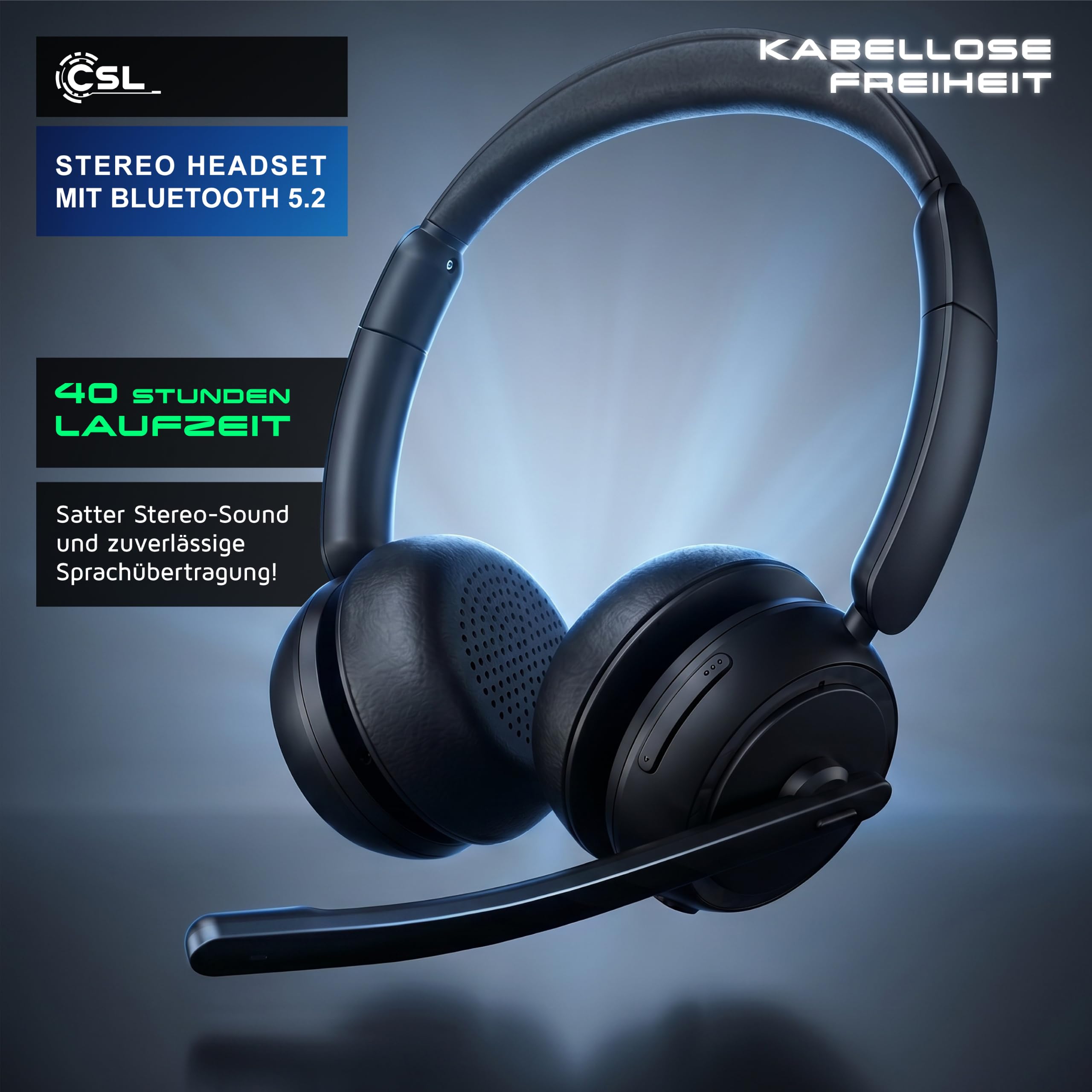 CSL - Bluetooth 5.2 Headset mit Ladestation - Wireless Dongle – 2,4 Ghz – Multifunktionstaste – Dual Connectivity - Multipoint – Stereo Kopfhörer mit Polster - schwarz