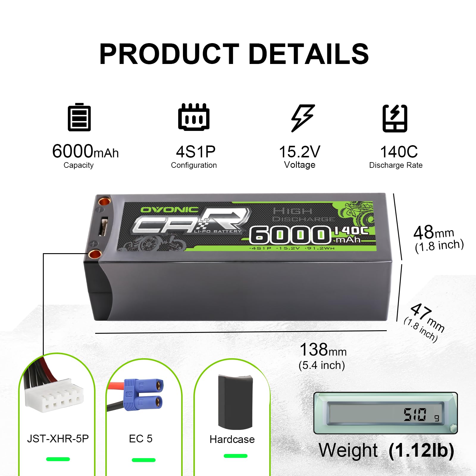 OVONIC Akumulator Lipo 4S 140C 6000mAh 14,8V Shorty Lipo z wtyczką EC5 do RC Car Monster Truck Crawler RC Hobby (2 szt.)