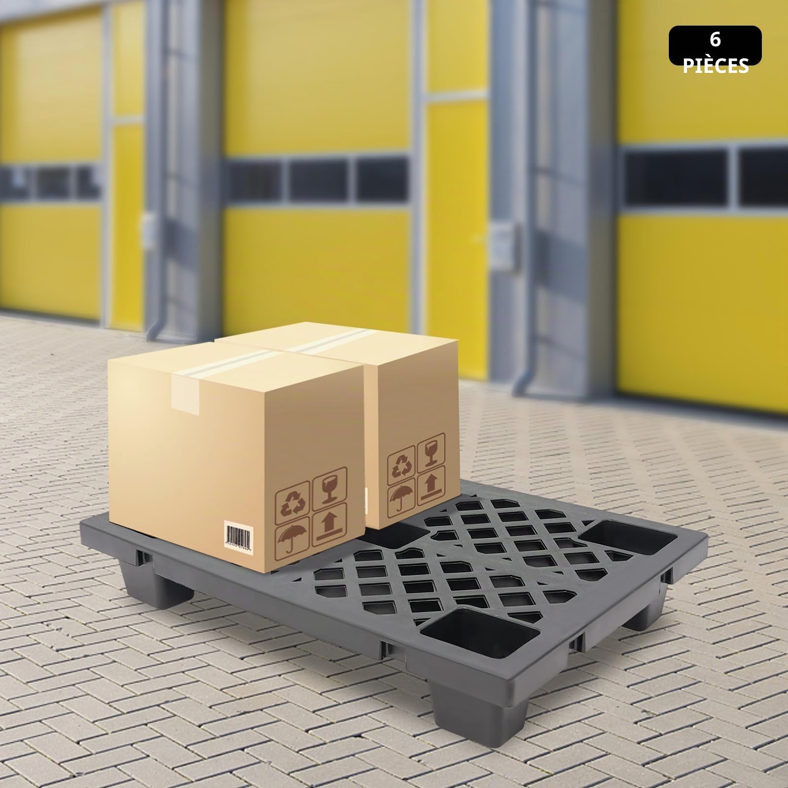 Lot de 6 palettes en plastique - Interlocking - Empilables - Pour le transport et le rangement - Capacité de charge de 100 kg par palette - Pour entrepôts, usines - Noir
