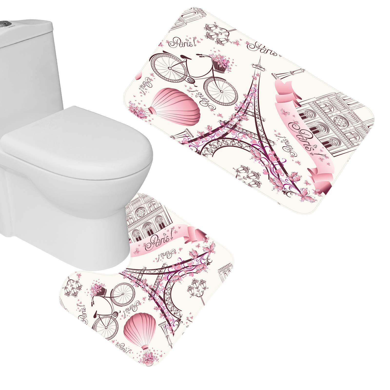 Amagical Paris Eiffel Tower Decor 2 Piece Bathroom Mat Set Paris Tower with Pink Flowers and Butterflies Hot Air Balloon Bike Non Slip Bath Mat Contour Mat