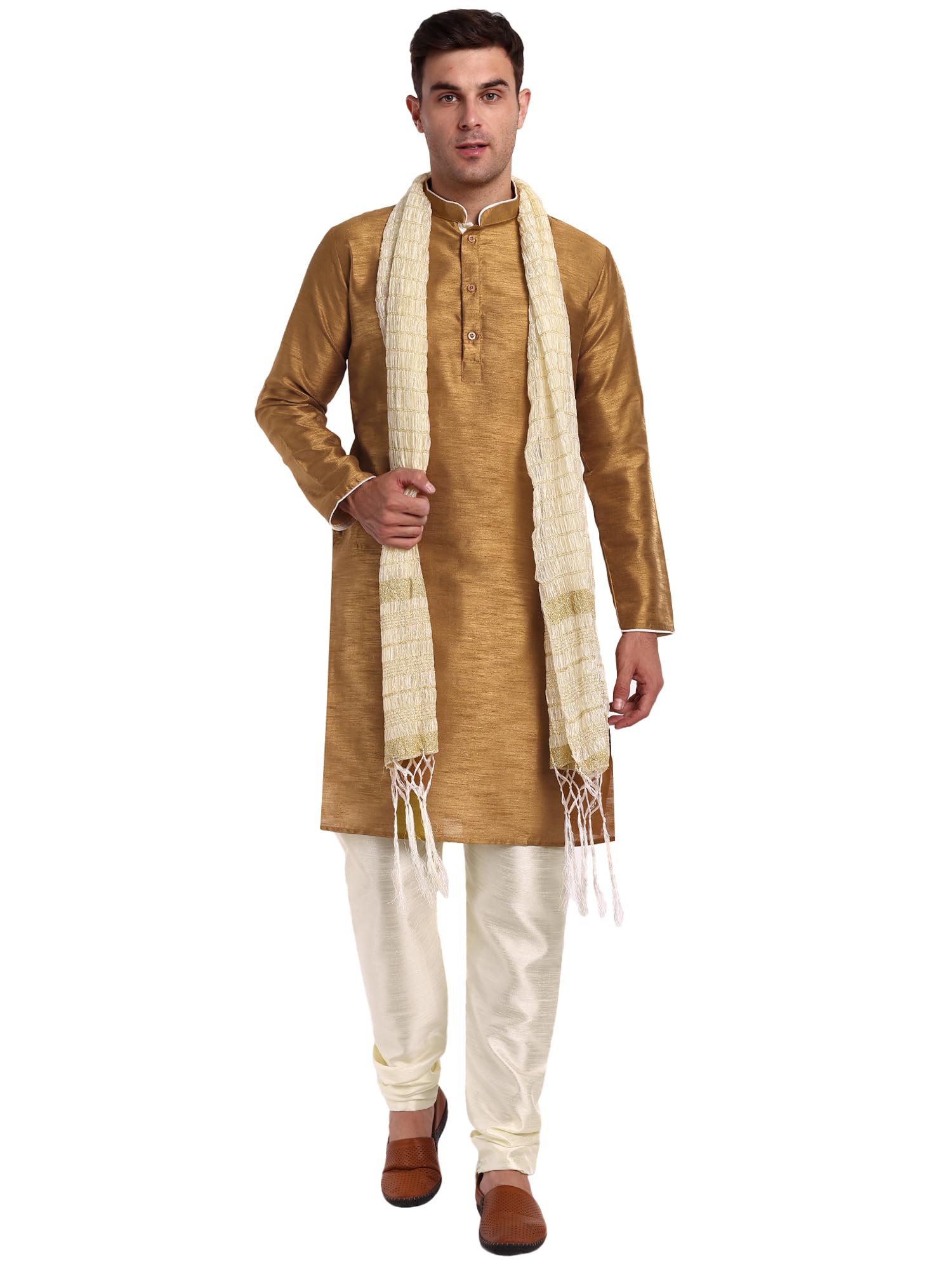 SKAVIJ Heren Kurta Pyjama met Sjaal 3-Delige Indiase Kleding (Schwarz, S