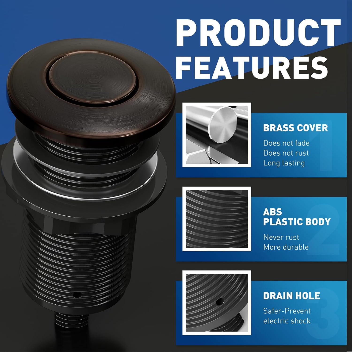 Garbage Disposal Air Switch Kit Sink Top Waste Disposal Long Stainless Steel Black On/Off Air Button Food and Waste Disposals Part, UL Listed