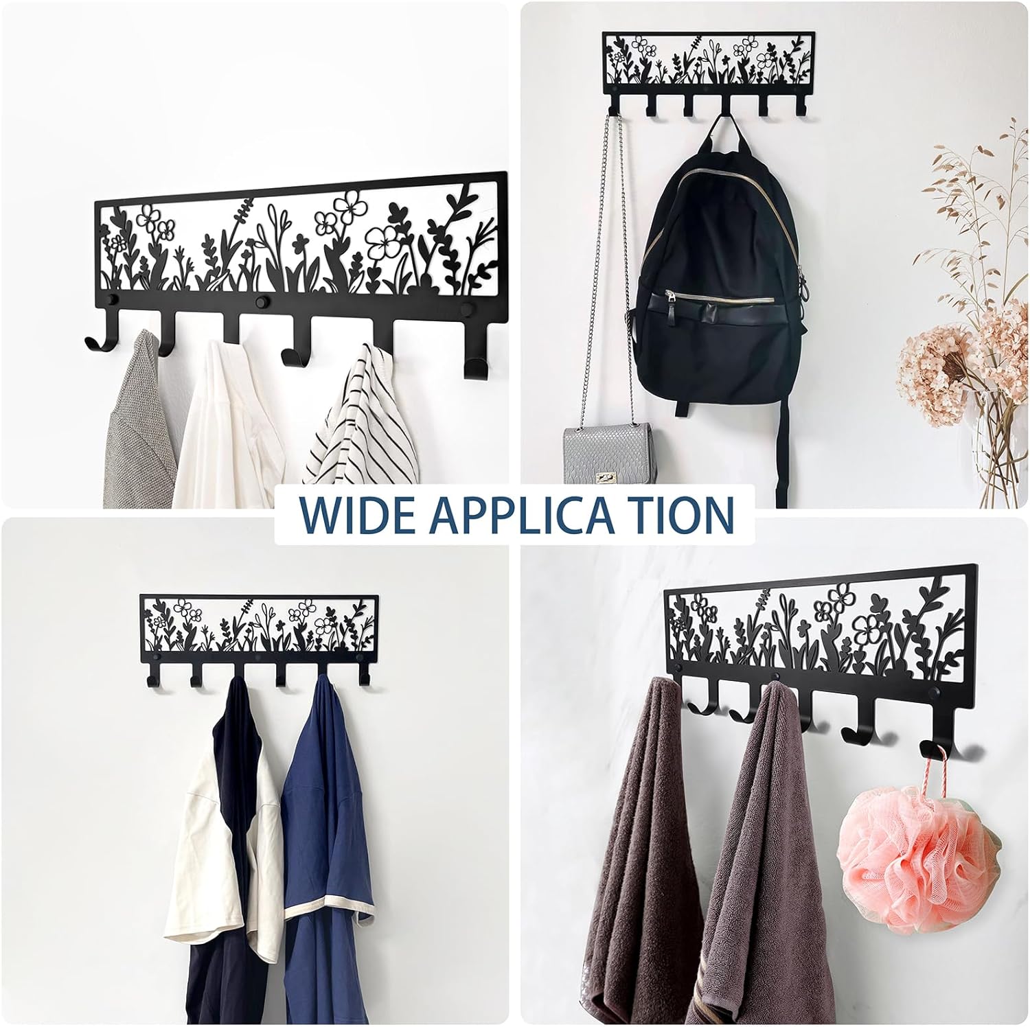 Floral Wall Mounted Coat Rack with 6 Hooks Decorative Black Metal Hanger for Coats, Hats, Bags, Keys,Towels - Ideal for Hallway, Bathroom, Kitchen, Office (15.55x5.98x1.22 Inches) - Image 6