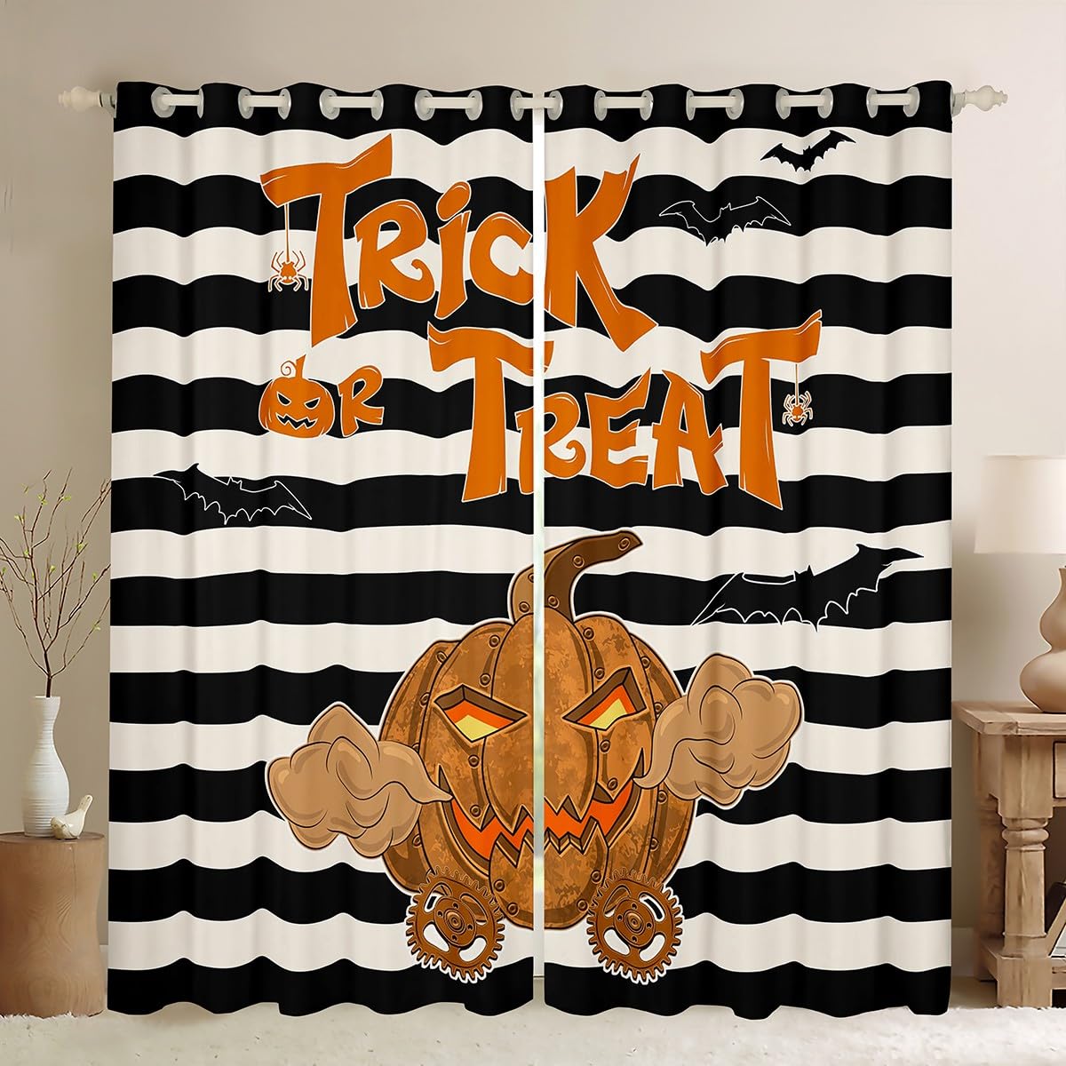 Homewish Halloween Dekor Verdunkelungs vorhänge Kürbis Laternen Vorhänge für Zimmer,Schwarz und Weiß Streifen Vorhänge 140Bx245L 2 Panels,Gotische Gespenstische Fledermaus Fenster Vorhänge