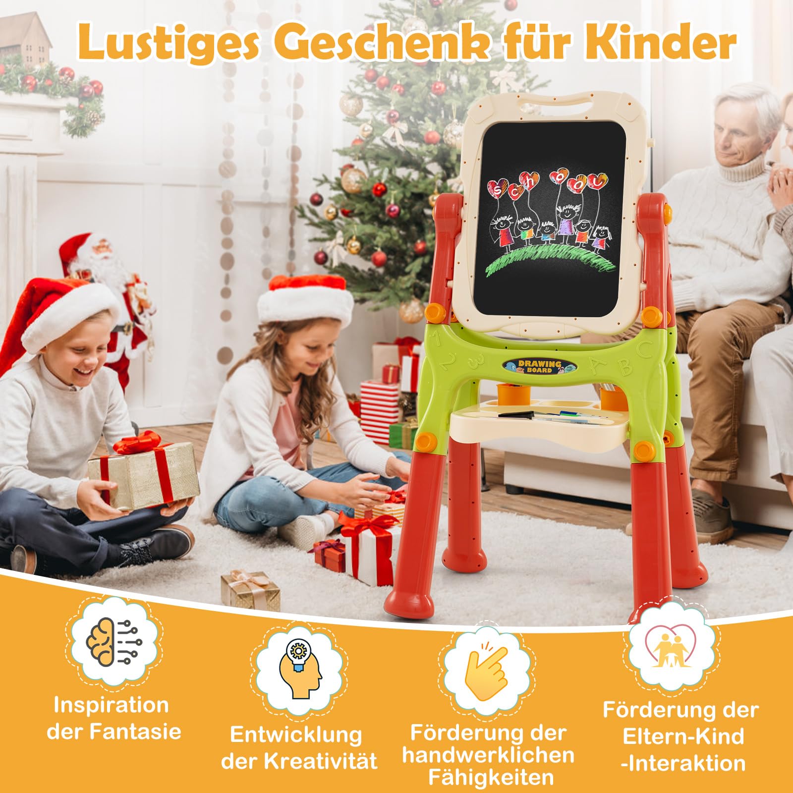 COSTWAY Tafel Kinder, doppelseitige Kindertafel höhenverstellbar mit Whiteboard & Kreidetafel, Standtafel Kinder, Spieltafel Magnettafel ab 2 Jahren (Grün+Orange)