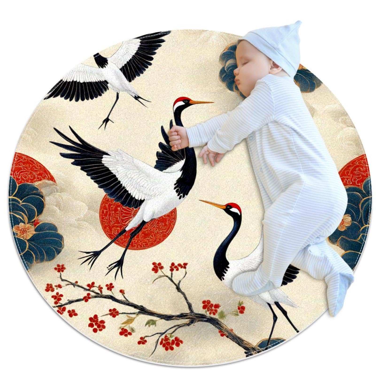 Tapis anti glisse rond rouge traditionnel grues soleil 1m pour sol carrelé