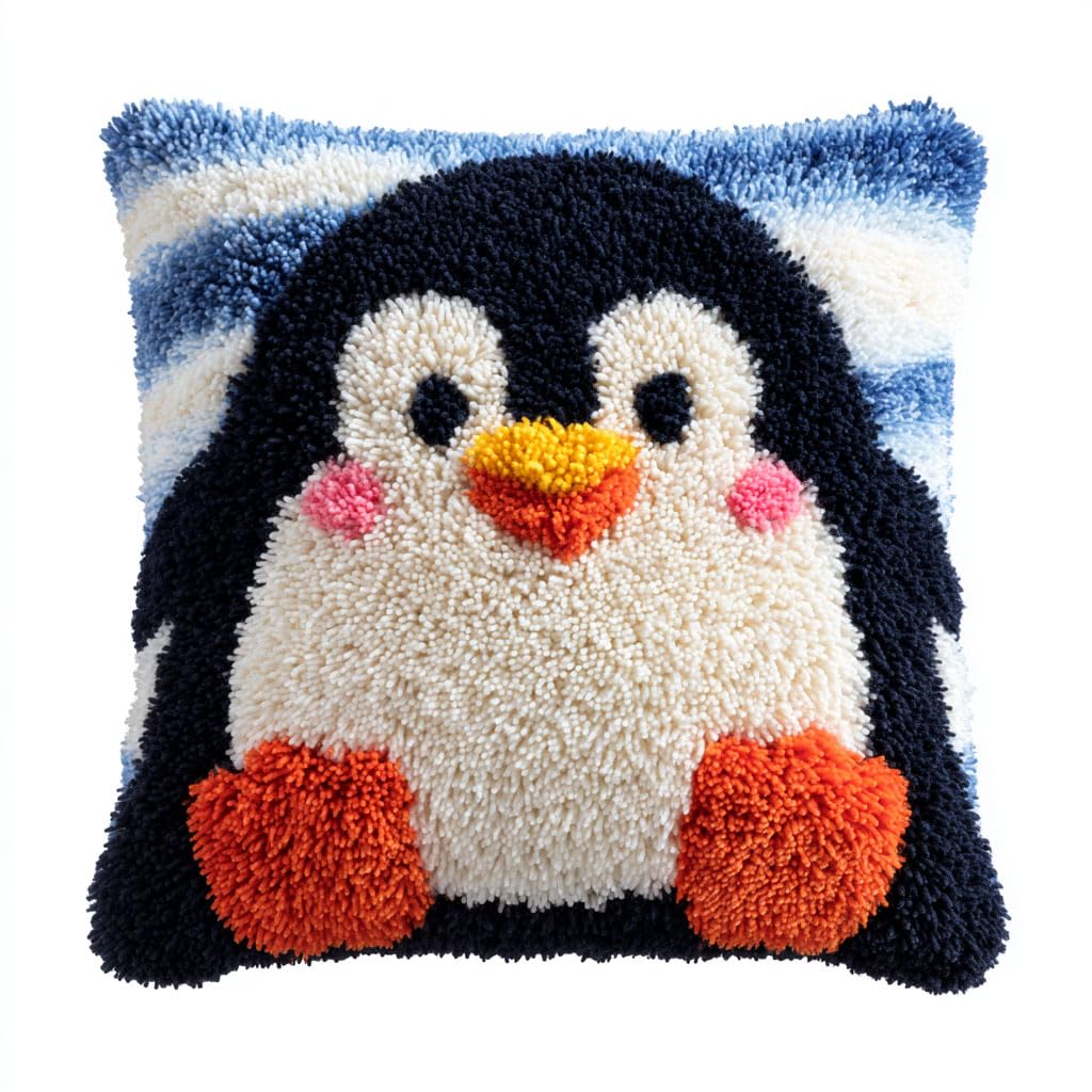 Henypt Latch Hook Cushion Kits, Animal Penguins Latch Hook Pillow Case Kits Embroidery Kit, DIY Sofa Cushion Making Kit,43x43cm