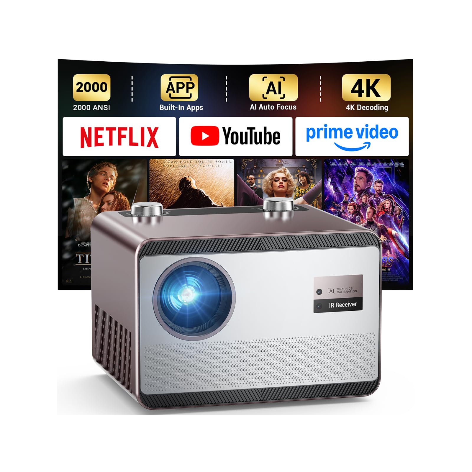 HAPPRUN 4K Projector with WiFi, Bluetooth, and Smart TV