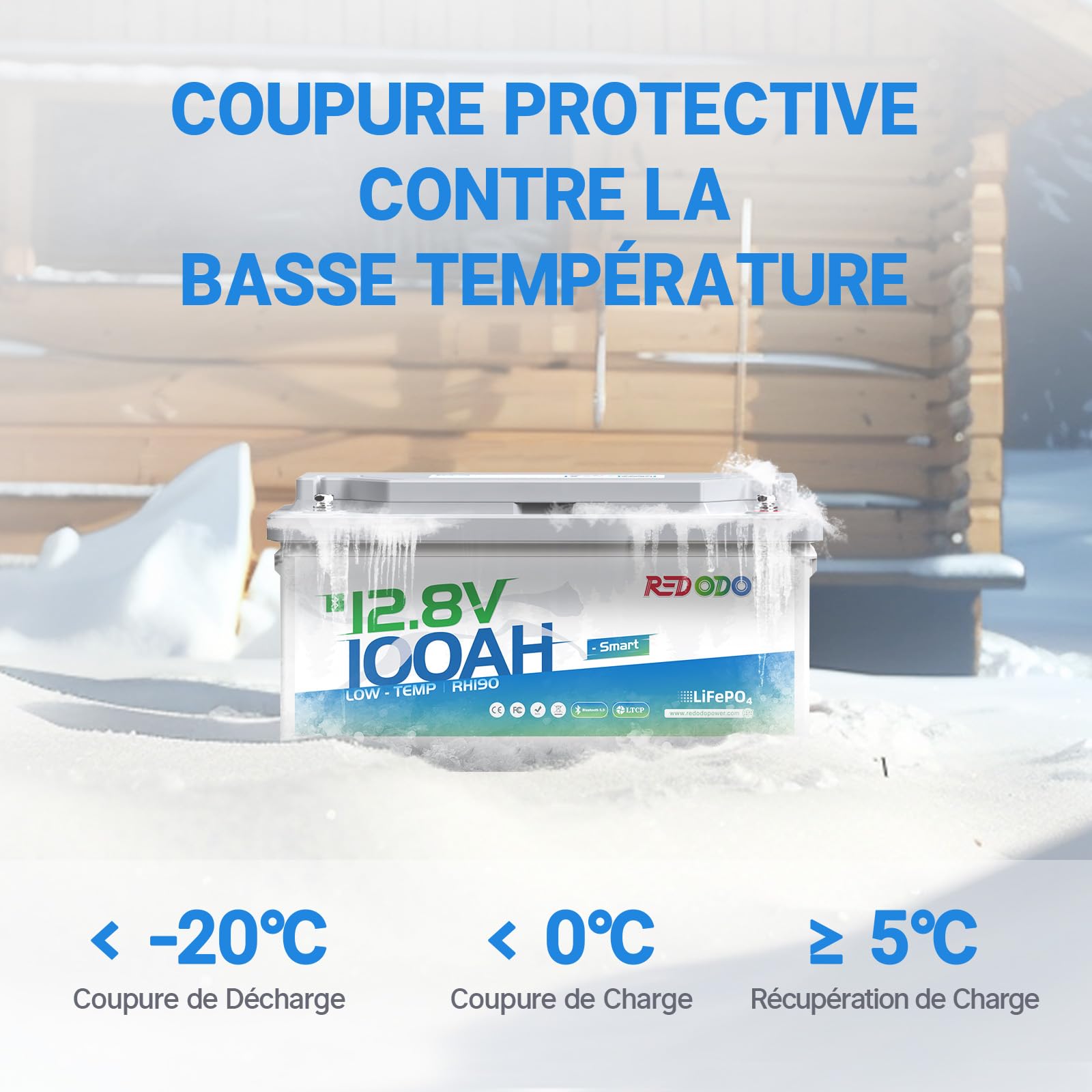Redodo 12V 100Ah H190 Batterie LiFePO4 avec Bluetooth 1280Wh Batterie Lithium Protection Contre Basses Températures Hauteur 188mm Parfaite pour Camping-Car/Bateaux