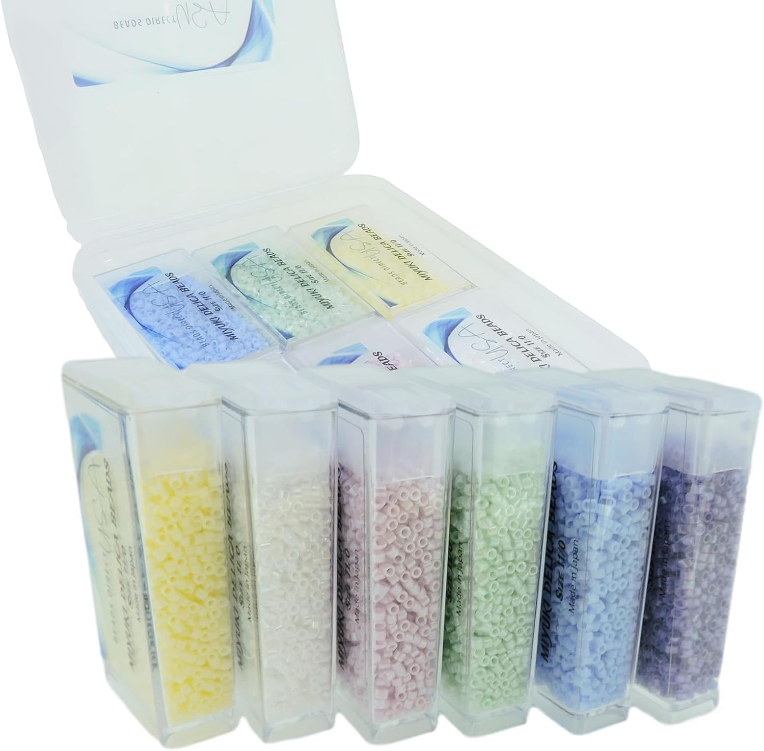 Set of 6 Colors - 60 Grams - Miyuki Delica Glass Beads Size 11/0 - Soft Pastels Collection, DB202, DB1491, DB1536, DB1137, DB1534, DB1753 in Flip-Top Containers and Storage Box