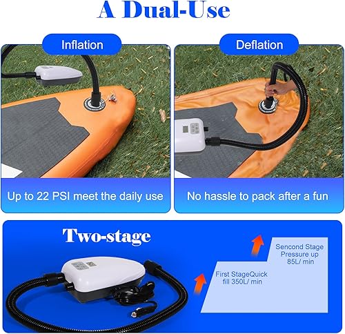 Miniatura 5 de Paddle Board Pump, SUP Electric Pump,20PSI-22PSI Portable Air Compressor with Auto-Off, Deflation Function, Inflator and Deflator for Inflatables,