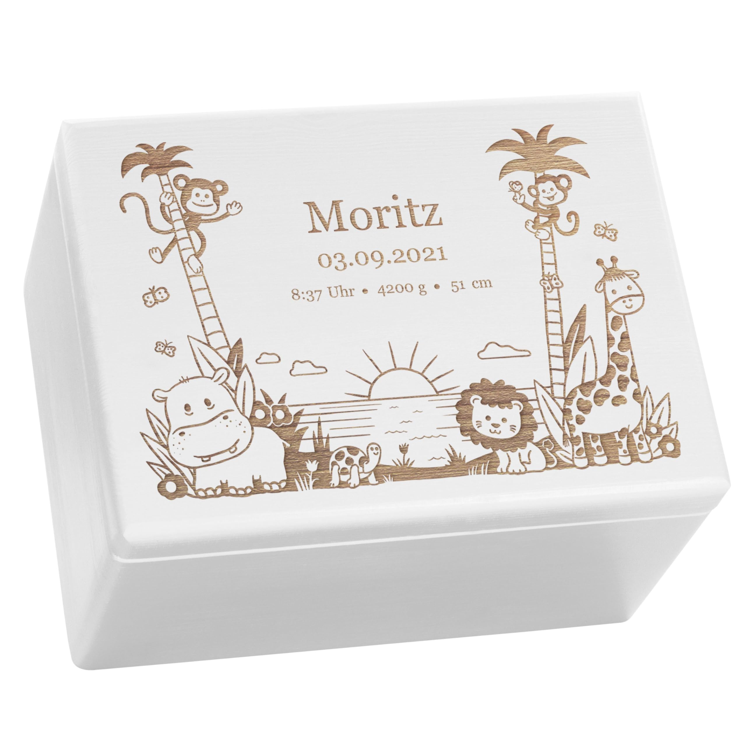 LAUBLUST Erinnerungsbox Baby Personalisiert - Dschungel - Geschenk zur Geburt | XL - ca. 40x30x24cm, Holzkiste Weiß FSC®