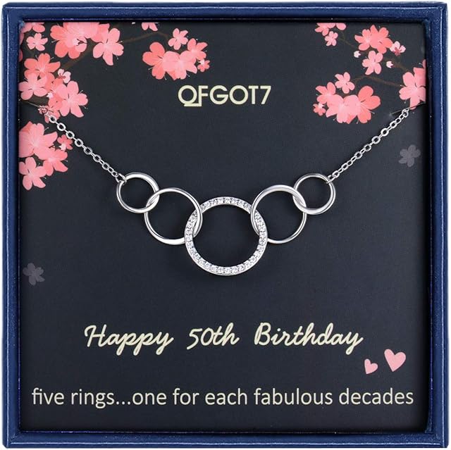 OFGOT7 50th Birthday Gifts for Women,50 Years Old Birthday Ideas,Sterling Silver Five Circle CZ Necklace for Her 5 Decade Jewelry,Mothers Day Jewelry