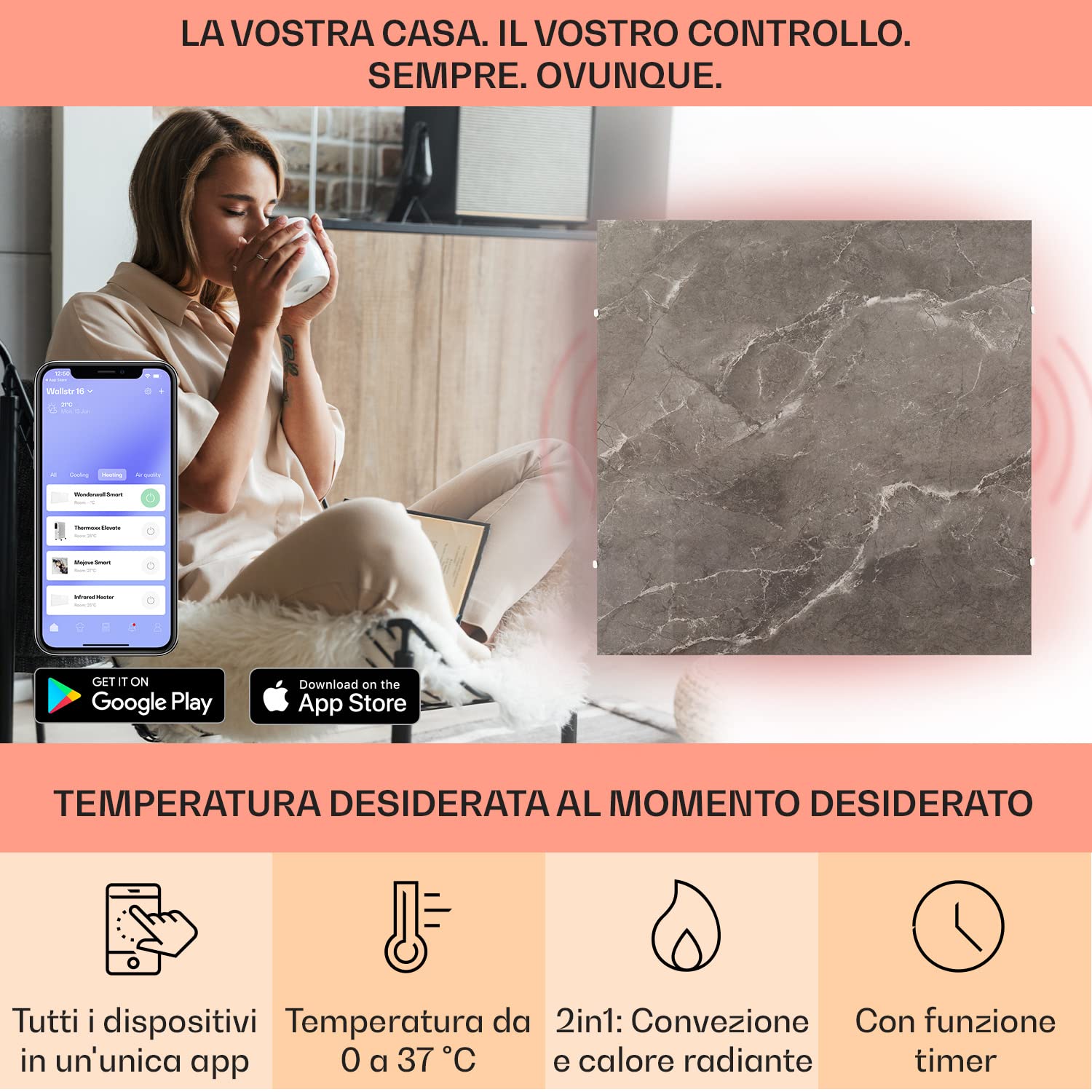Klarstein Smart Stufa Elettrica Basso Consumo, Termoconvettore a Parete 500W Termosifone Elettrico, Riscaldamento Elettrico, Pannello Radiante Infrarossi, Lampada Riscaldante, WiFi/App, IP24 No CO2