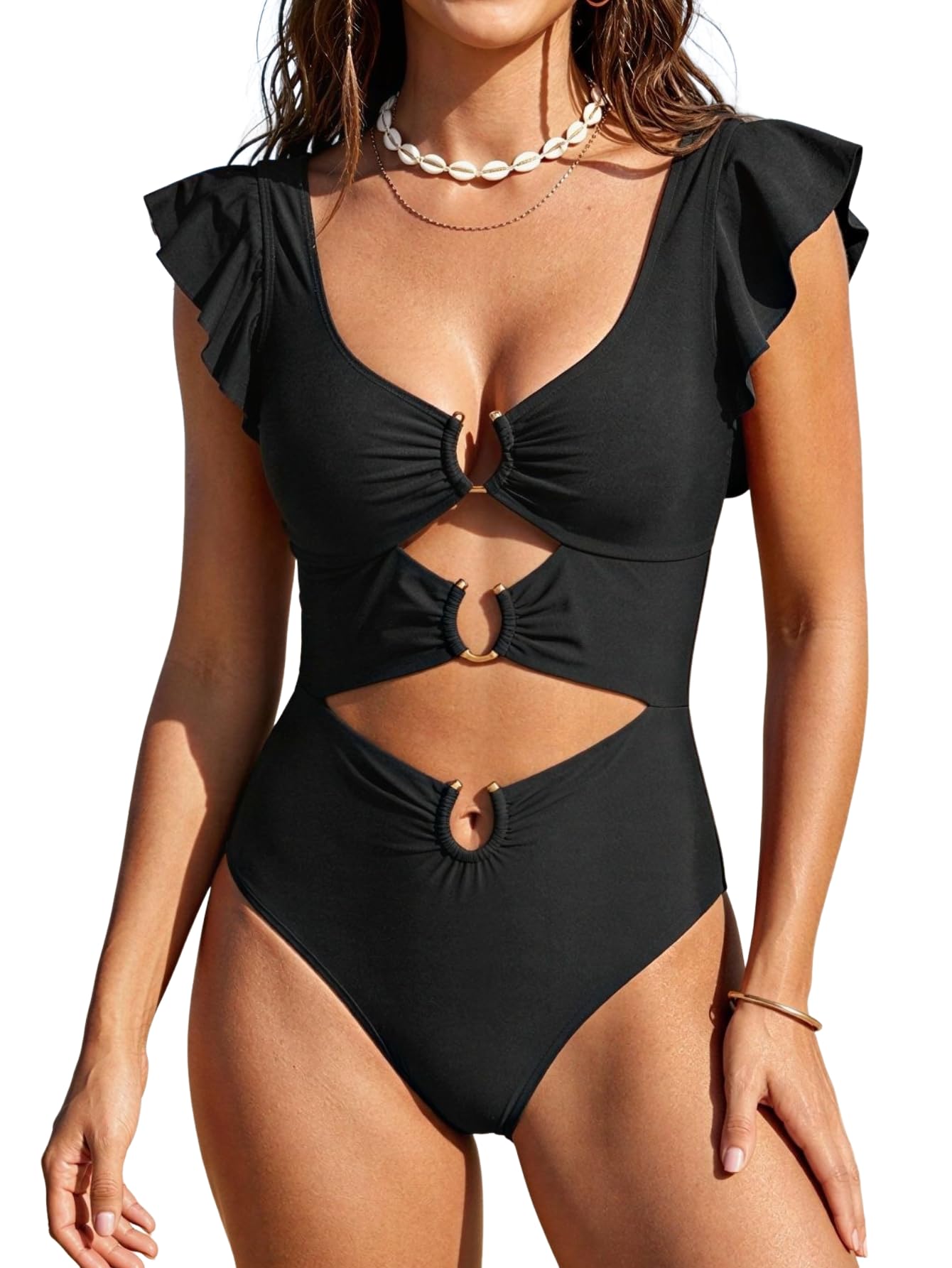 B2prity Women One Piece Swimsuit Tummy Control Ruffle Sleeve V Neck Bathing Suit Cutout Sexy High Waisted Monokini