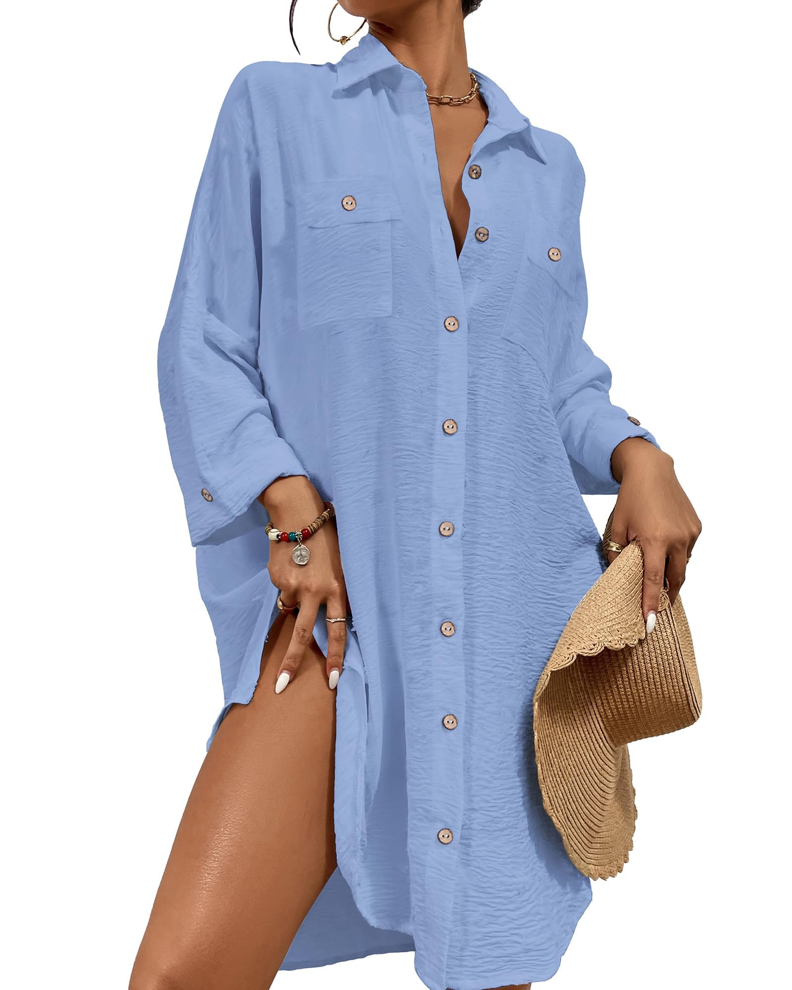 Bsubsach Button Down Swimsuit for Women Sweatshirt Dress with Ruffled Sleeves Beach Shirt-image-2