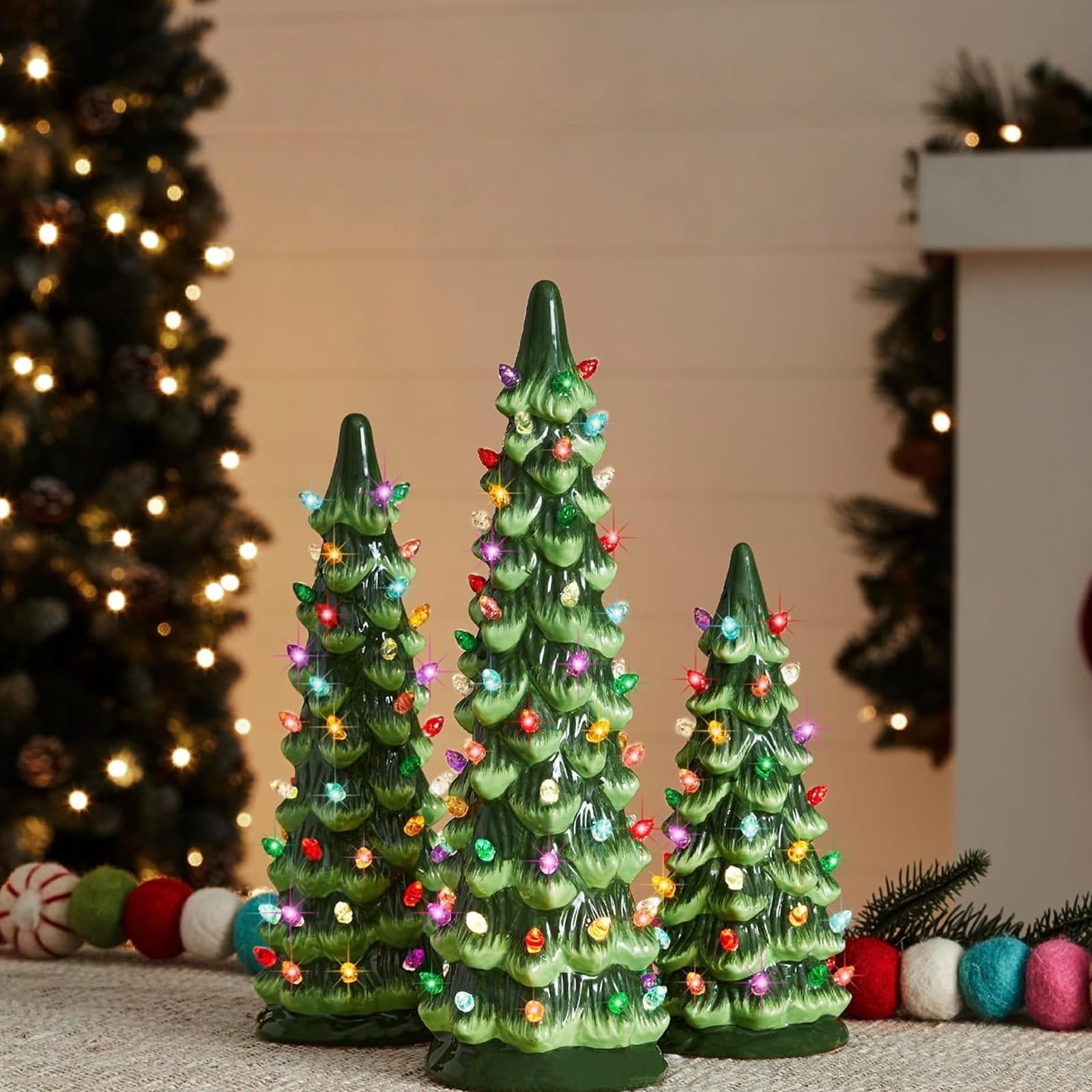 3 árboles de Navidad de cerámica de mesa, retro pintados a mano con temporizador, decoración navideña preiluminada, bombillas LED amarillas, adorno de festival de fiesta en casa
