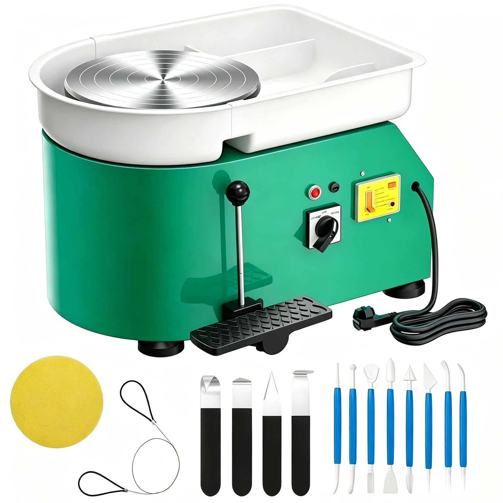 Koło garncarskie 350 W elektryczne z podwójną regulacją prędkości, gramofon 25 cm, nożny i sterowanie ręczne, kompletny zestaw narzędzi ceramicznych i zdejmowana umywalka dla początkujących i