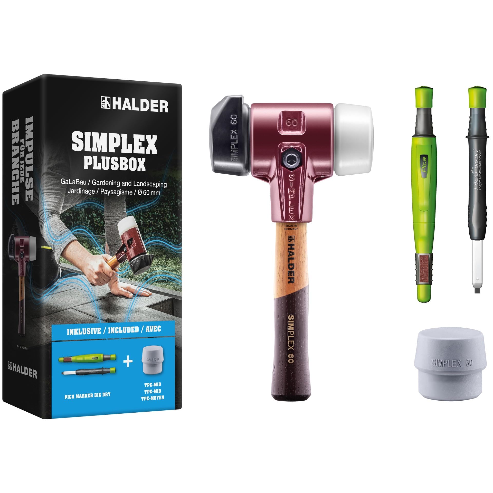 SIMPLEX-Plusbox GaLaBau ∅60, SIMPLEX-Schonhammer D60, Gummikomposition, mit Standfuß/Superplastik sowie ein Schlageinsatz TPE-mid plus PICA Marker Big Dry | 3027s030