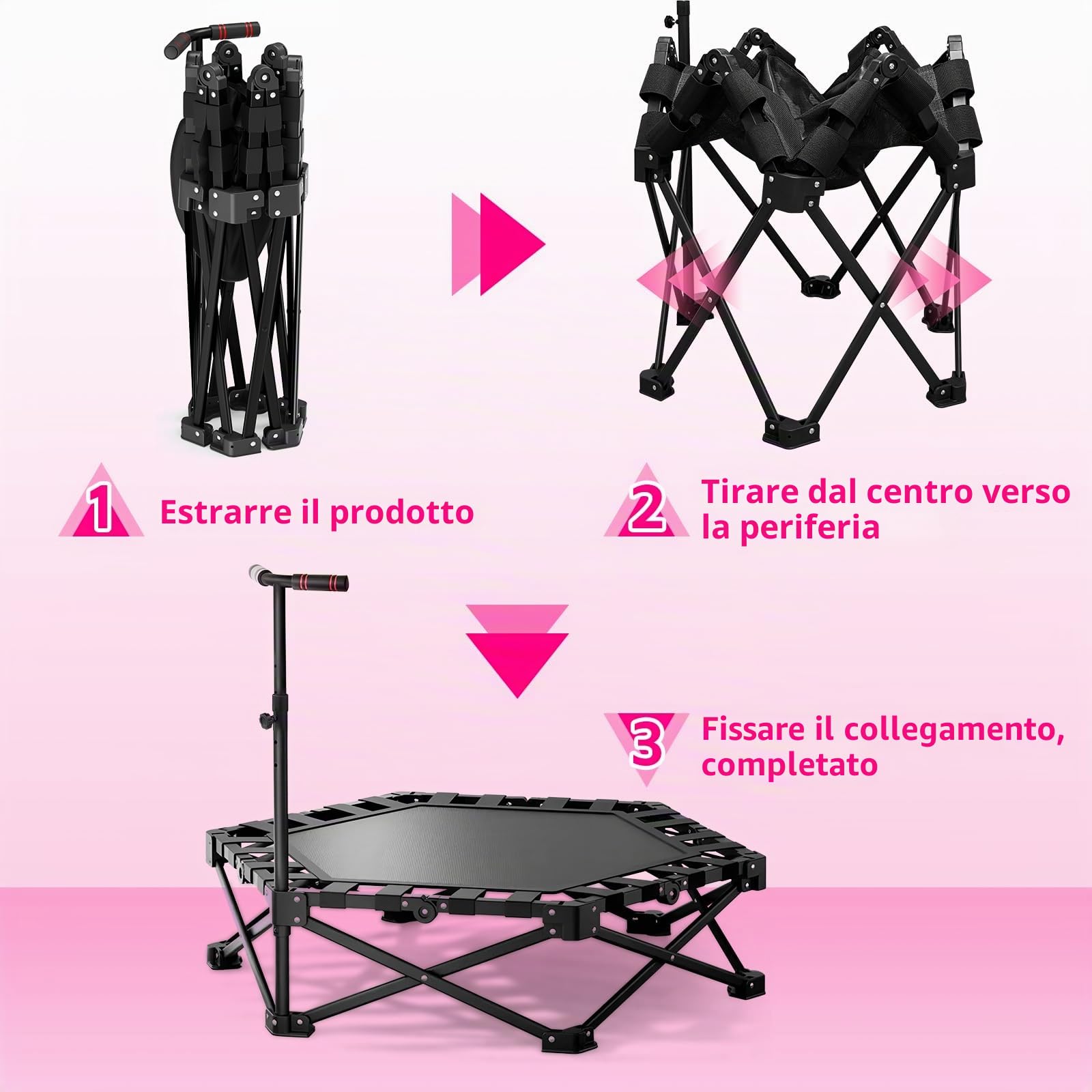 Mini Trampolino Fitness per Adulti, Trampolino Pieghevole da Interno All'aperto con Maniglia Regolabile, Ideale per Saltare e Allenarsi, Non Richiede Installazione, Carico Massimo 330 lb