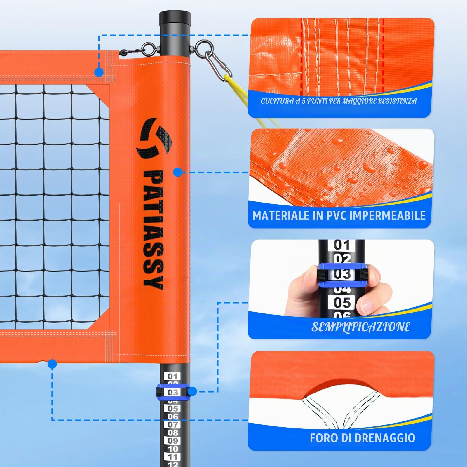 Rete da pallavolo professionale da giardino con aste regolabili in altezza [rivestimento antiruggine], linea di confine, pallavolo in poliuretano, pompa, tenditori, borsa per il trasporto