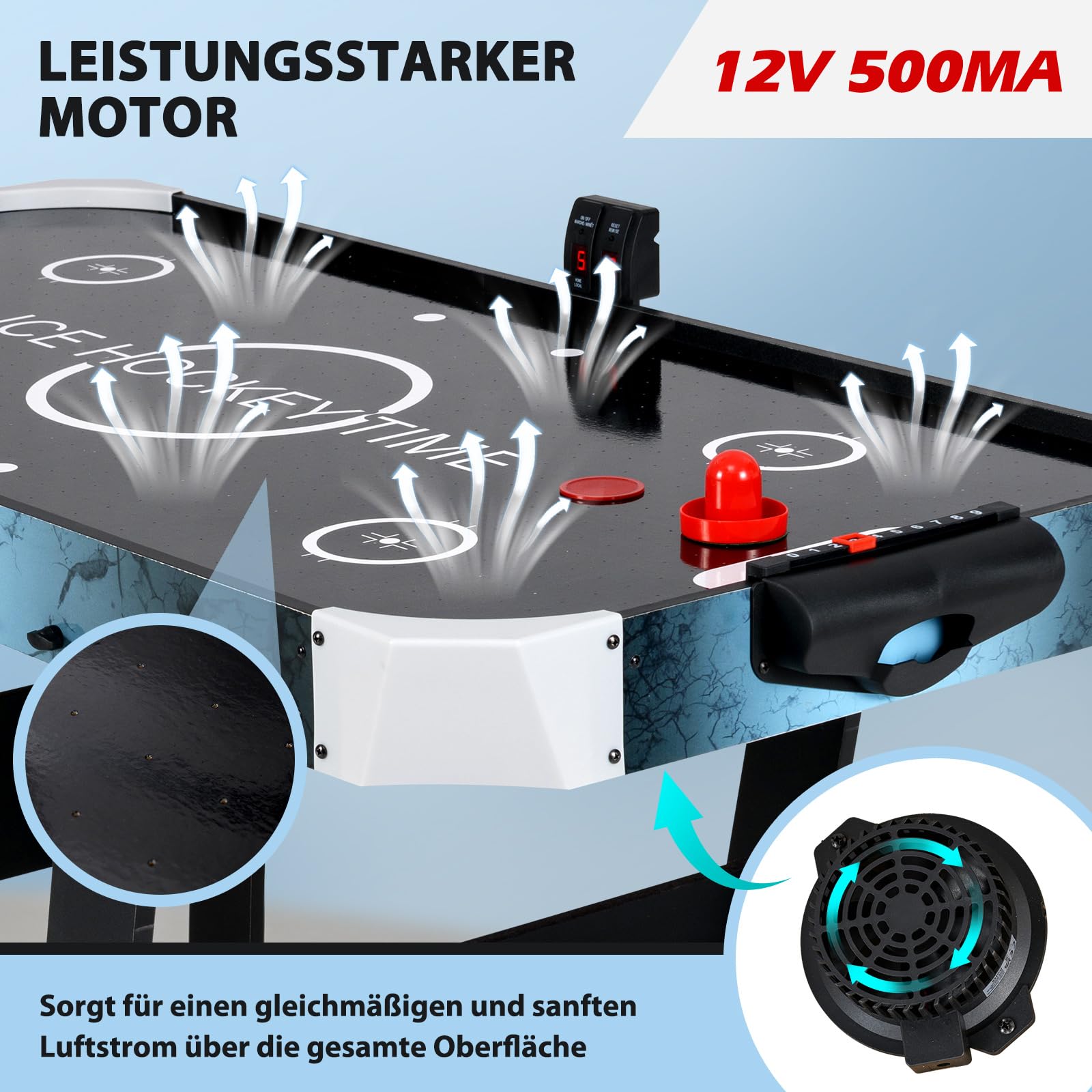 COSTWAY Elektryczny stół do gry w hokeja na Airhokej, z wyświetlaczem LED i silnikiem 12 V, stół hokejowy z 2 krążkami i 2 suwakami, dla dzieci i dorosłych, 144 x 68 x 79 cm