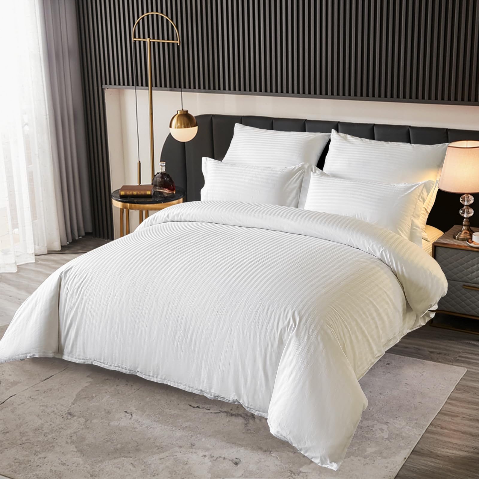 Hotel Bettwäsche 200x200 Baumwolle Weiß 3teilig Set Mako Satin Damast Streifen mit Reißverschluss 100% Baumwolle Ganzjährig Luxus Hotelqualität