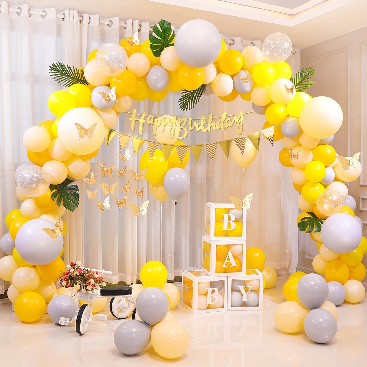 Yellow Balloon Garland, 187pcs, Yellow, Pink, White Balloons, Butterfly & Flag Decor, Birthday, Wedding, Baby Shower Balloons