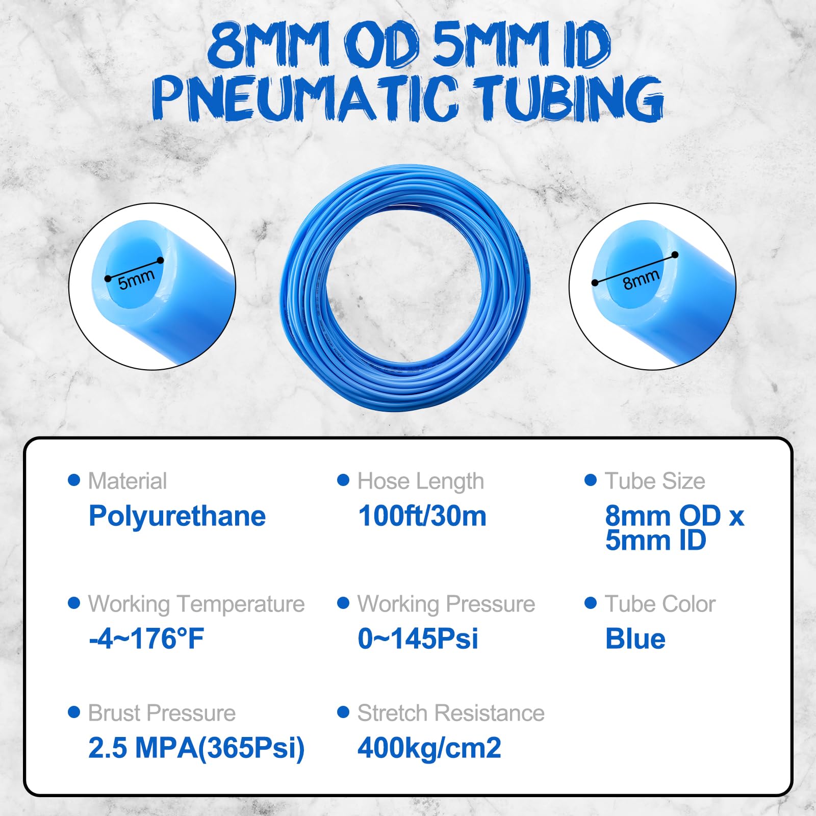 Kit de tubo de manguera de aire de poliuretano de poliuretano de 8 mm OD 5 mm, 100 pies/32 m de alta flexibilidad tubería neumática de línea de aire, azul