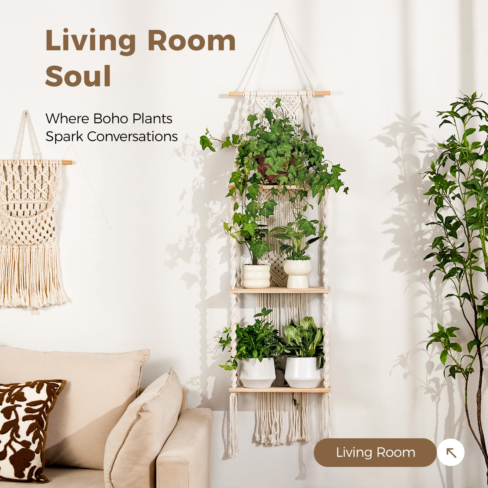 Estante de pared para plantas, soporte para plantas de macramé, 3 niveles, estantes para plantas, decoración bohemia para habitación, estante colgante para plantas, soporte para plantas 6