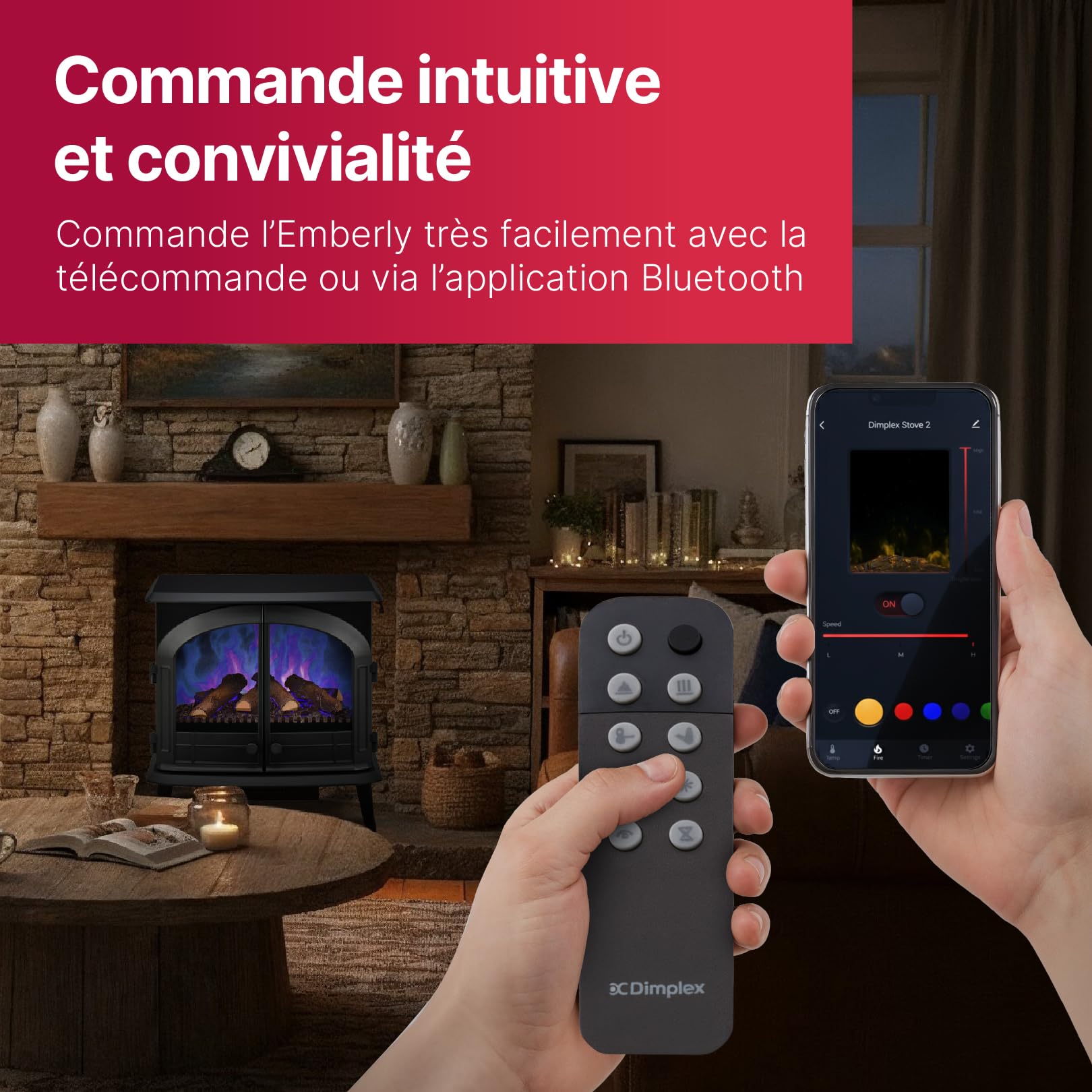 Dimplex Emberly Cheminée Électrique Autoportant 3 Faces Cheminee Electrique Effet Flamme LED Optiflame Chauffage 2 KW Activable Commande Via Télécommande et Application