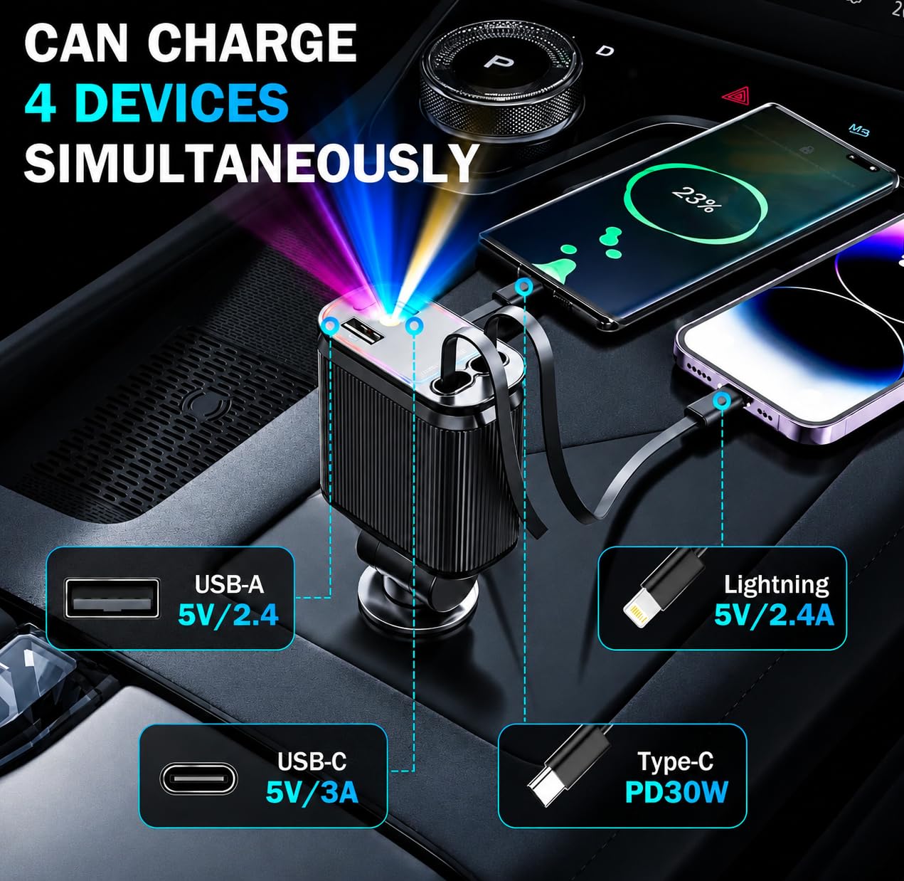 120W Retractable Fast Car Charger with DRL and Starlight (2026 Latest Version) | 4-in-1 Dual Retractable Cables with USB & Type-C Ports | Adjustable 180° Direction — Amazon image 2