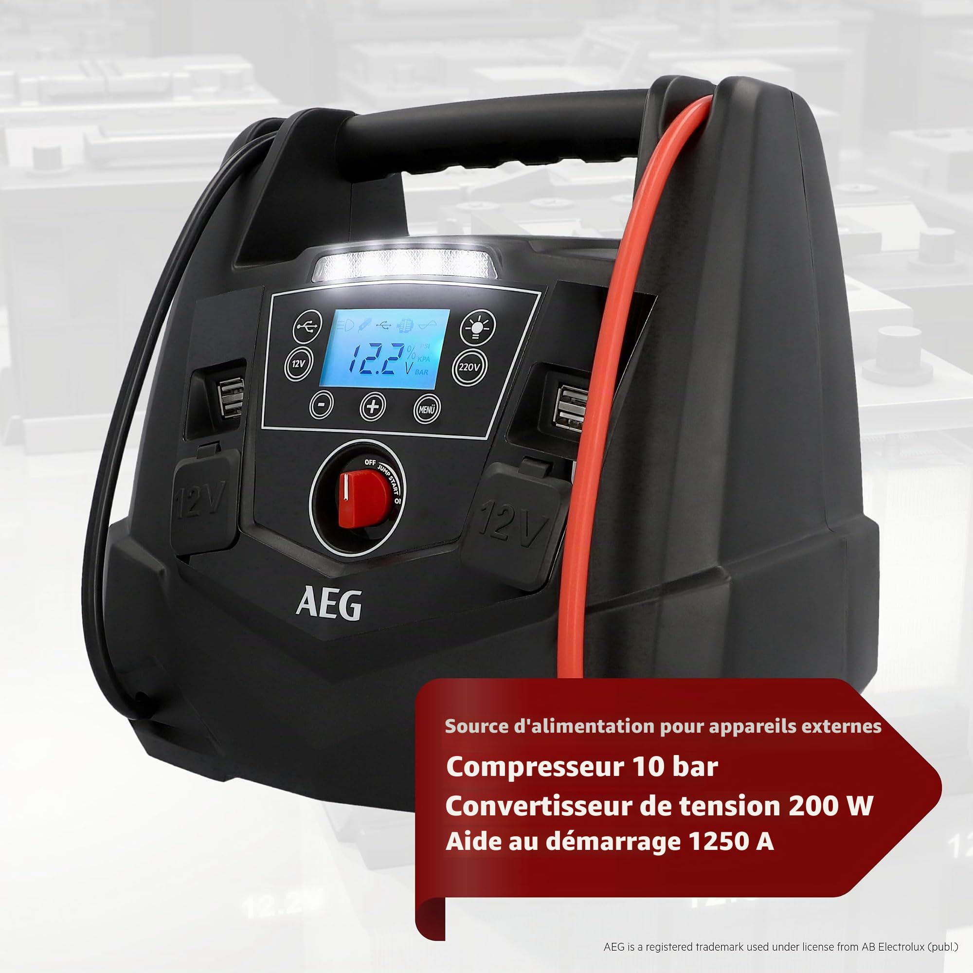 AEG - Station d'énergie Portable - 12 V - avec démarreur Automatique, compresseur d'air, convertisseur de Tension 220 V, Prise de Courant et 4 Ports USB, Noir/Rouge