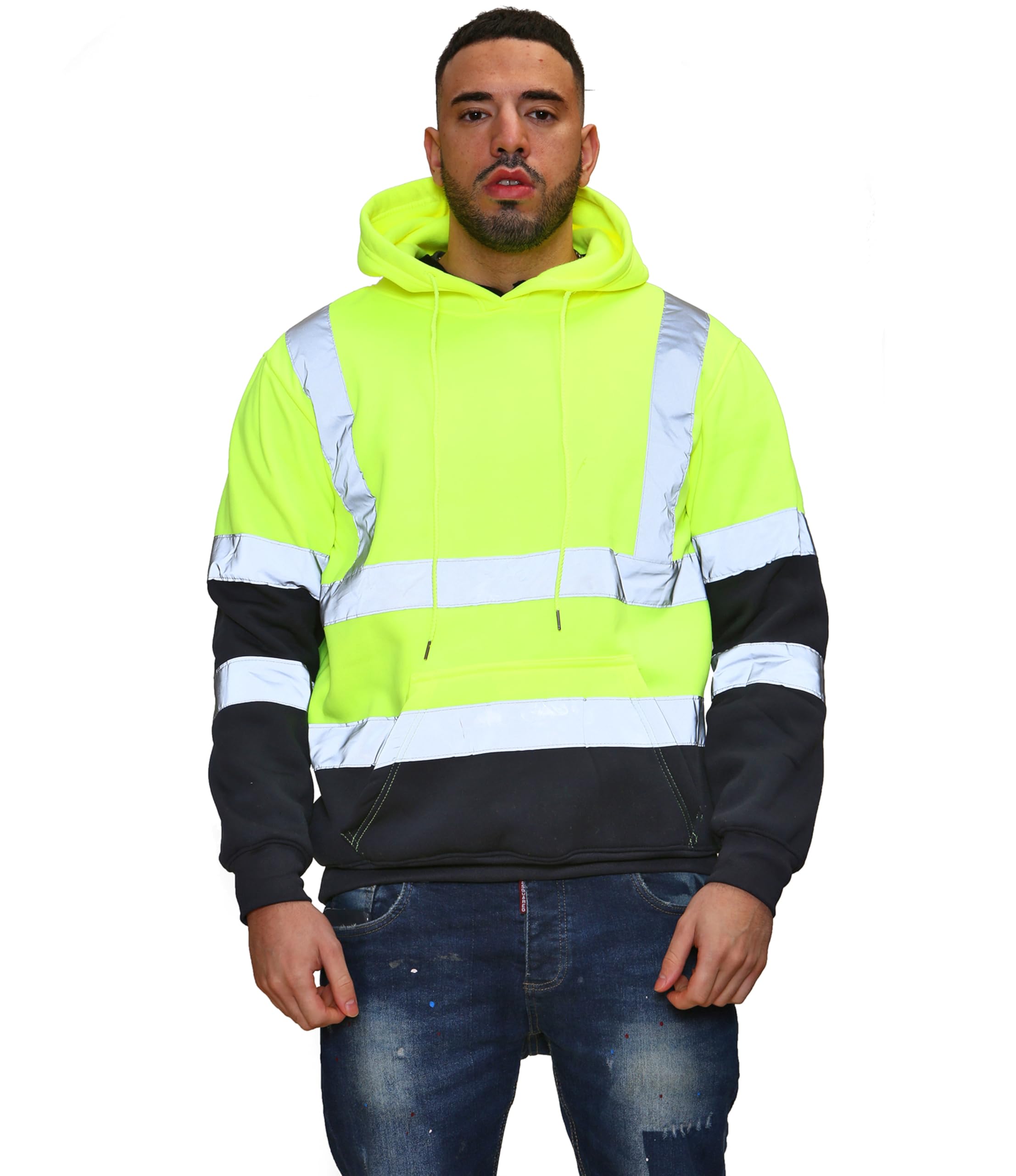 Mega_JumbleSale® Hi Vis Viz Hoodie Pullover Zip Sweatshirt High Visibility Reflective Safety Security Jumper - Workwear Fleece Warm Top (M, Yellow Navy Pullover HI VIZ)