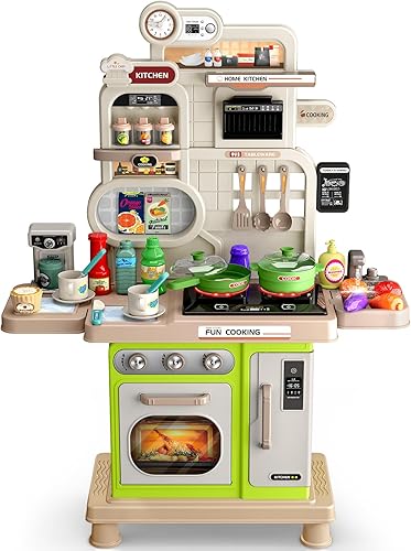 Juego de cocina, juego de cocina para niños con sonido y luz realistas, estufa de cocina, fregadero, comida de juego y accesorios, 57 piezas,