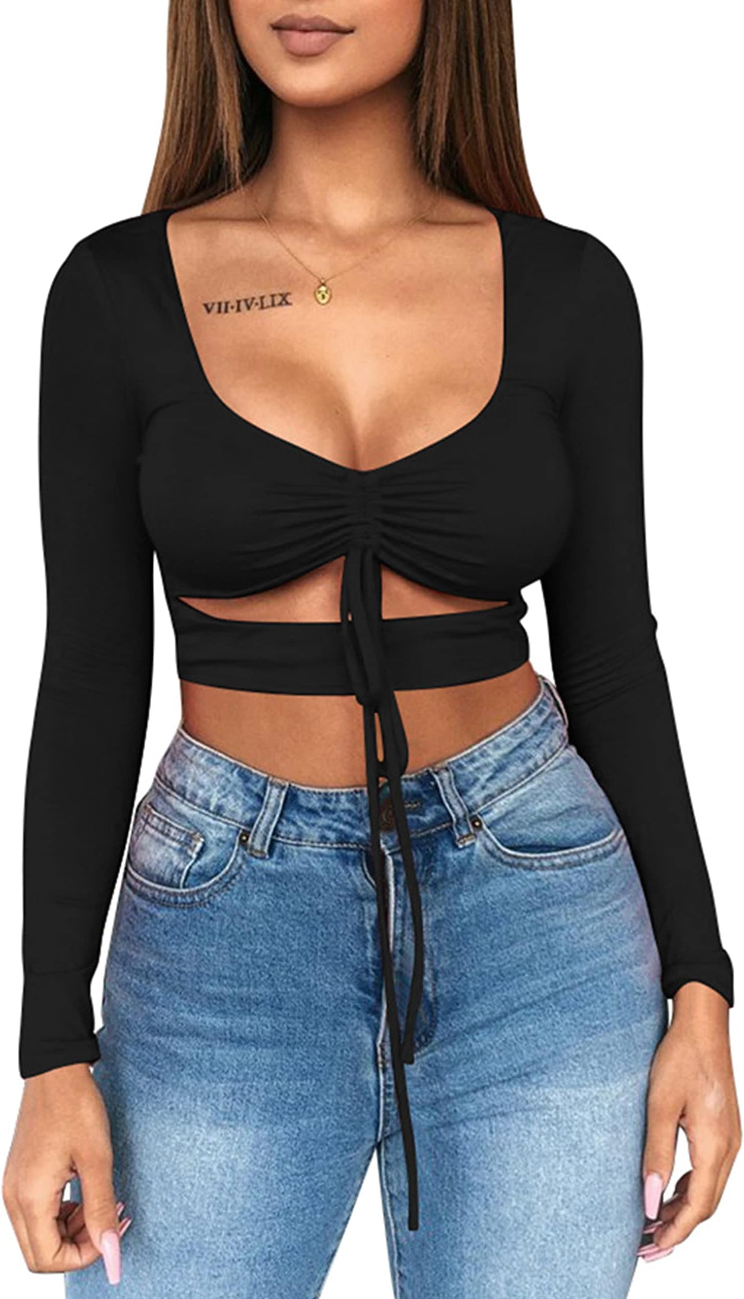 Women's Sexy Ruched Tie Up Crop Top Basic Long Sleeve Cut Out T Shirt